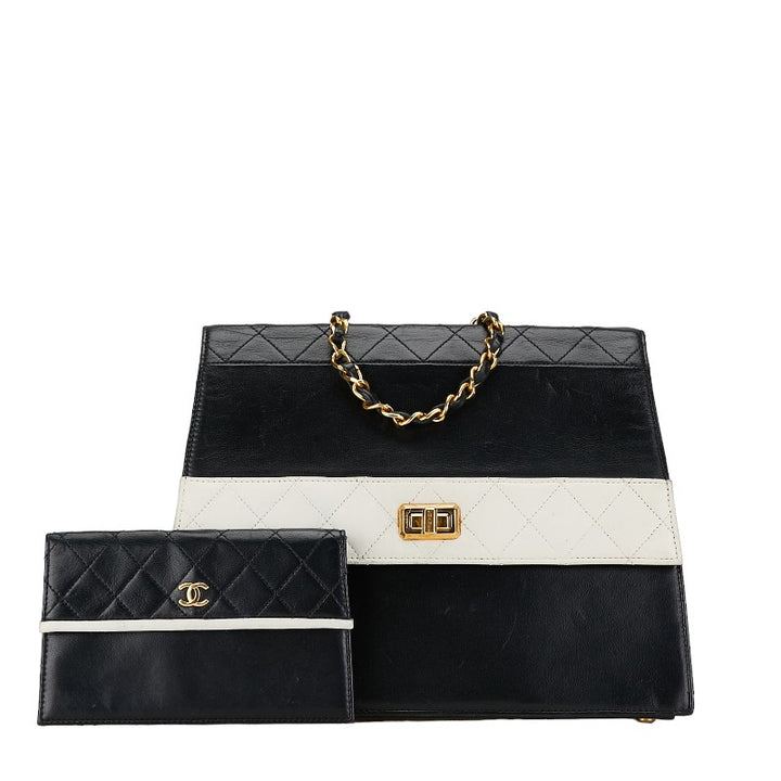 Chanel Matelasse Two-Tone Chain Shoulder Bag Black White Lambskin