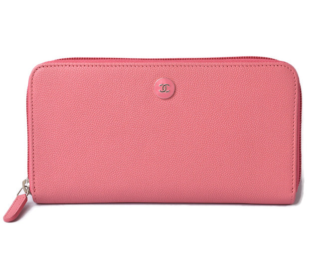 Chanel Leather Long Wallet Round Zipper Rose CC Mark