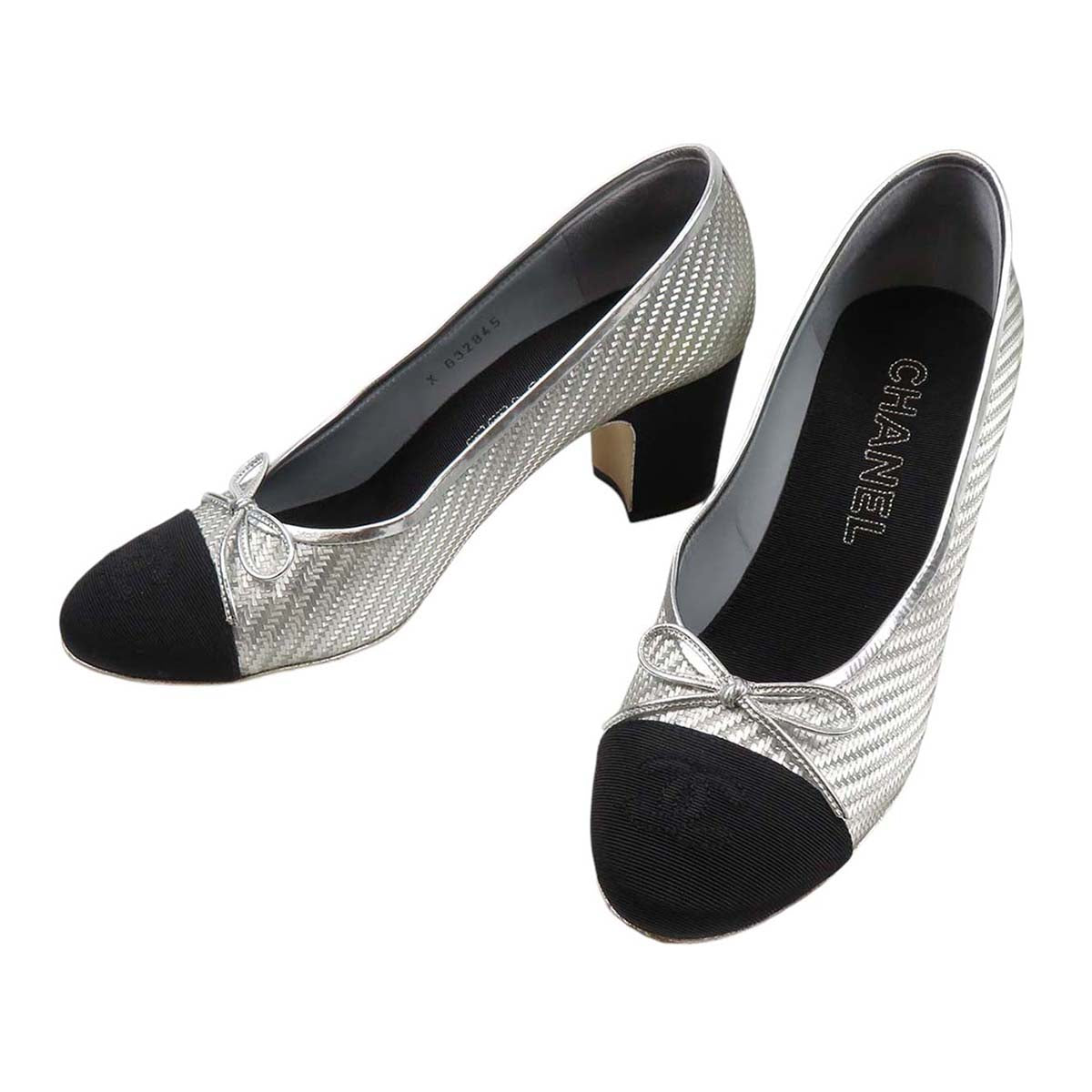 Chanel Chunky Heel Pumps Silver Black