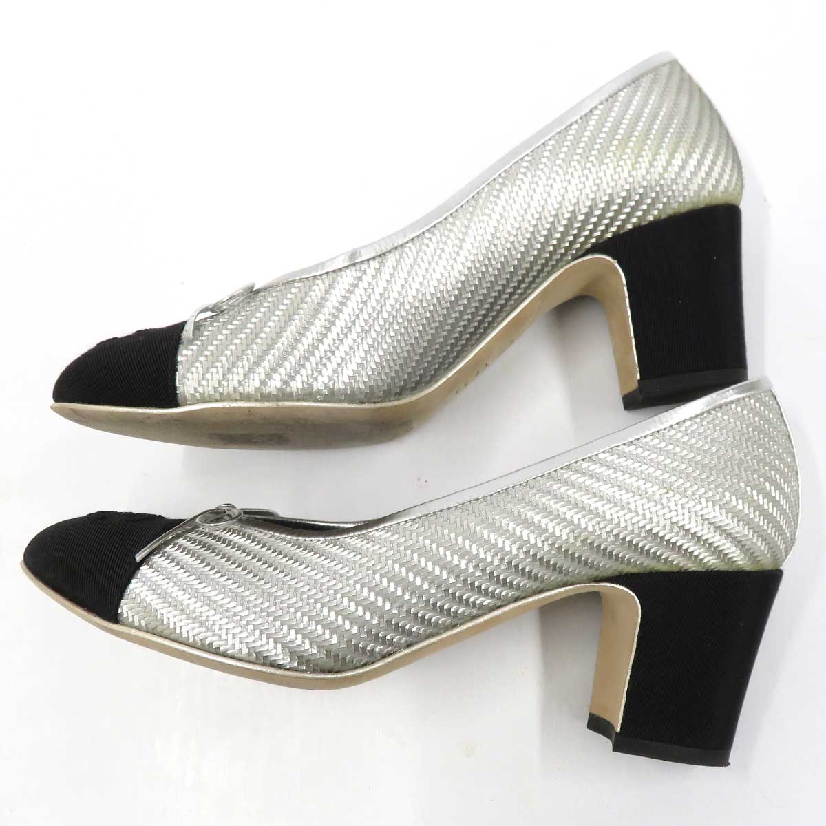 Chanel Chunky Heel Pumps Silver Black