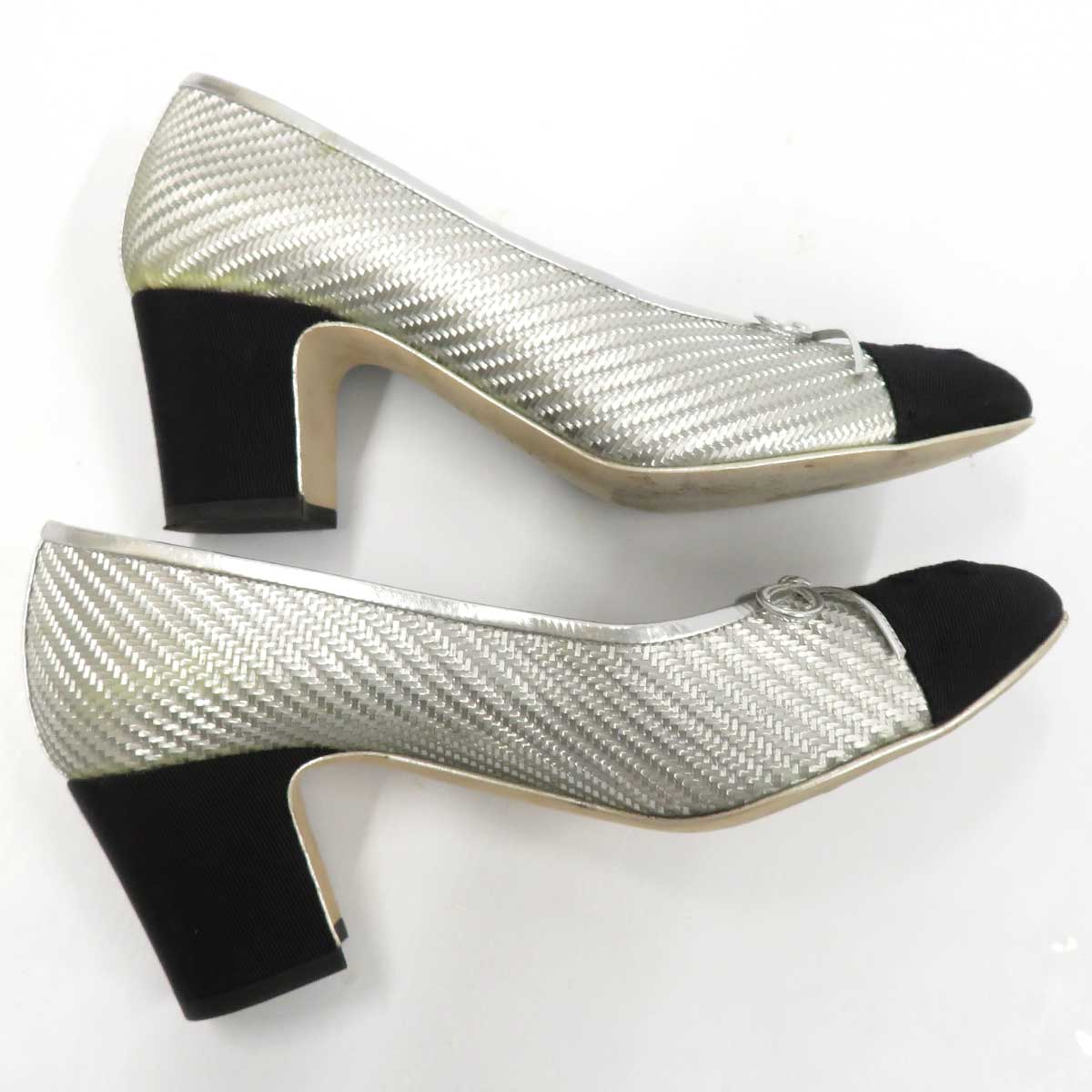 Chanel Chunky Heel Pumps Silver Black