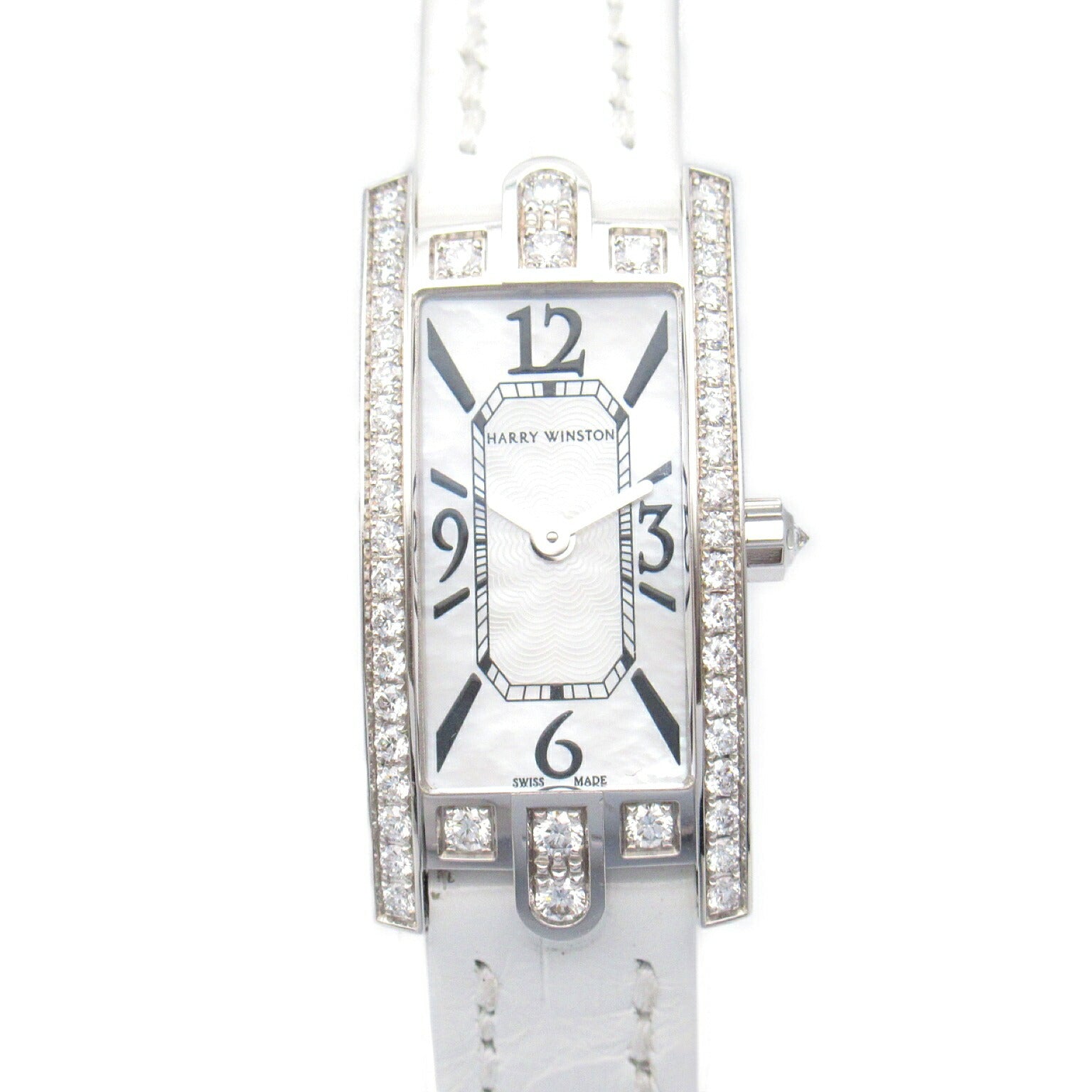 Harry Winston Avenue C Mini Diamond Watch 18K White Gold Leather