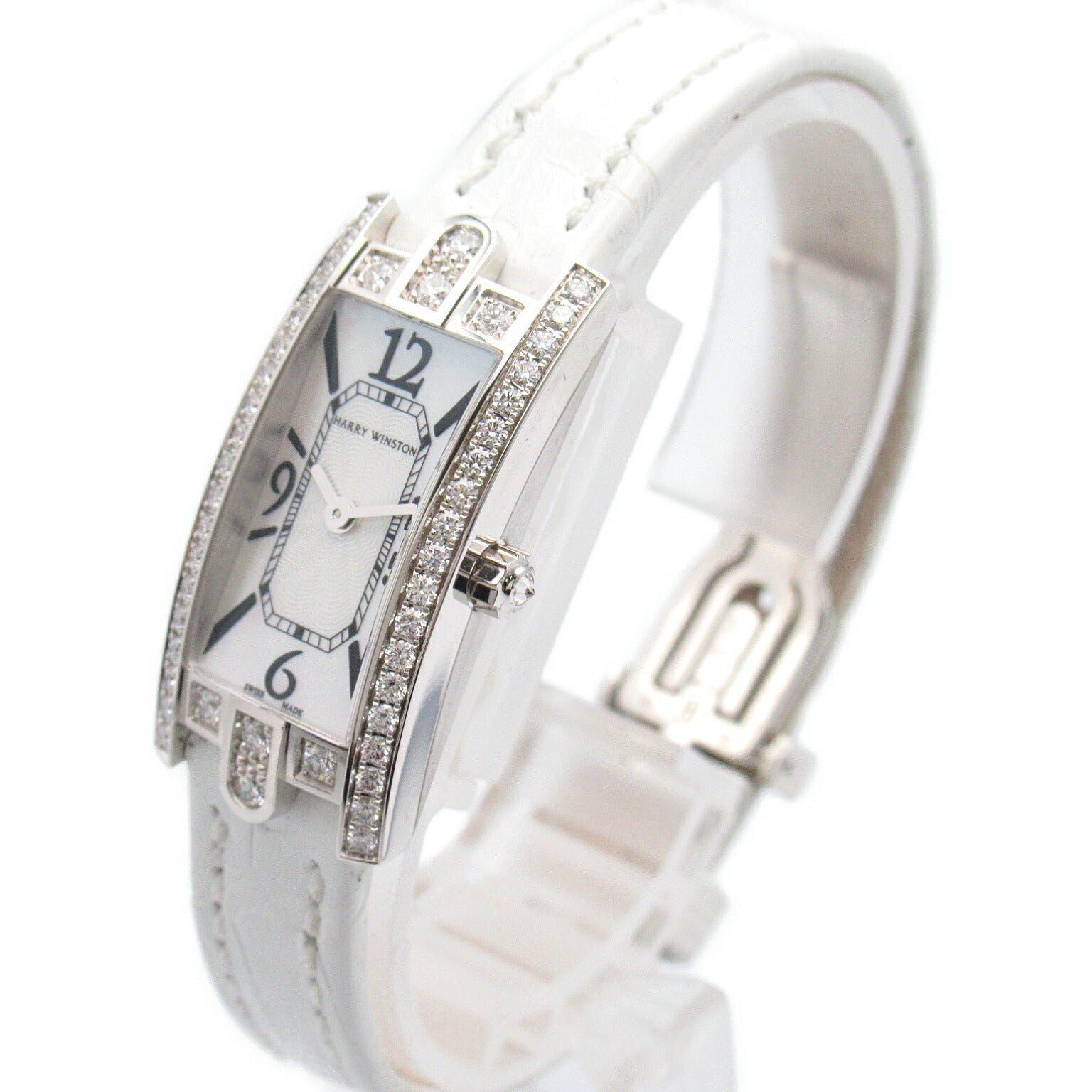 Harry Winston Avenue C Mini Diamond Watch 18K White Gold Leather