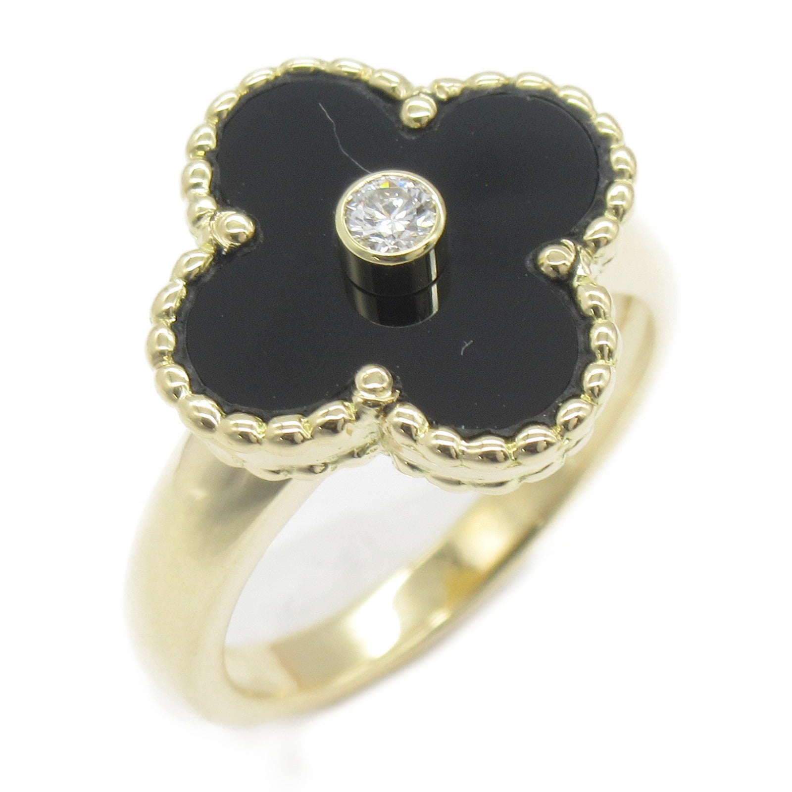 Van Cleef & Arpels Vintage Alhambra Onyx Diamond Ring K18 Yellow Gold