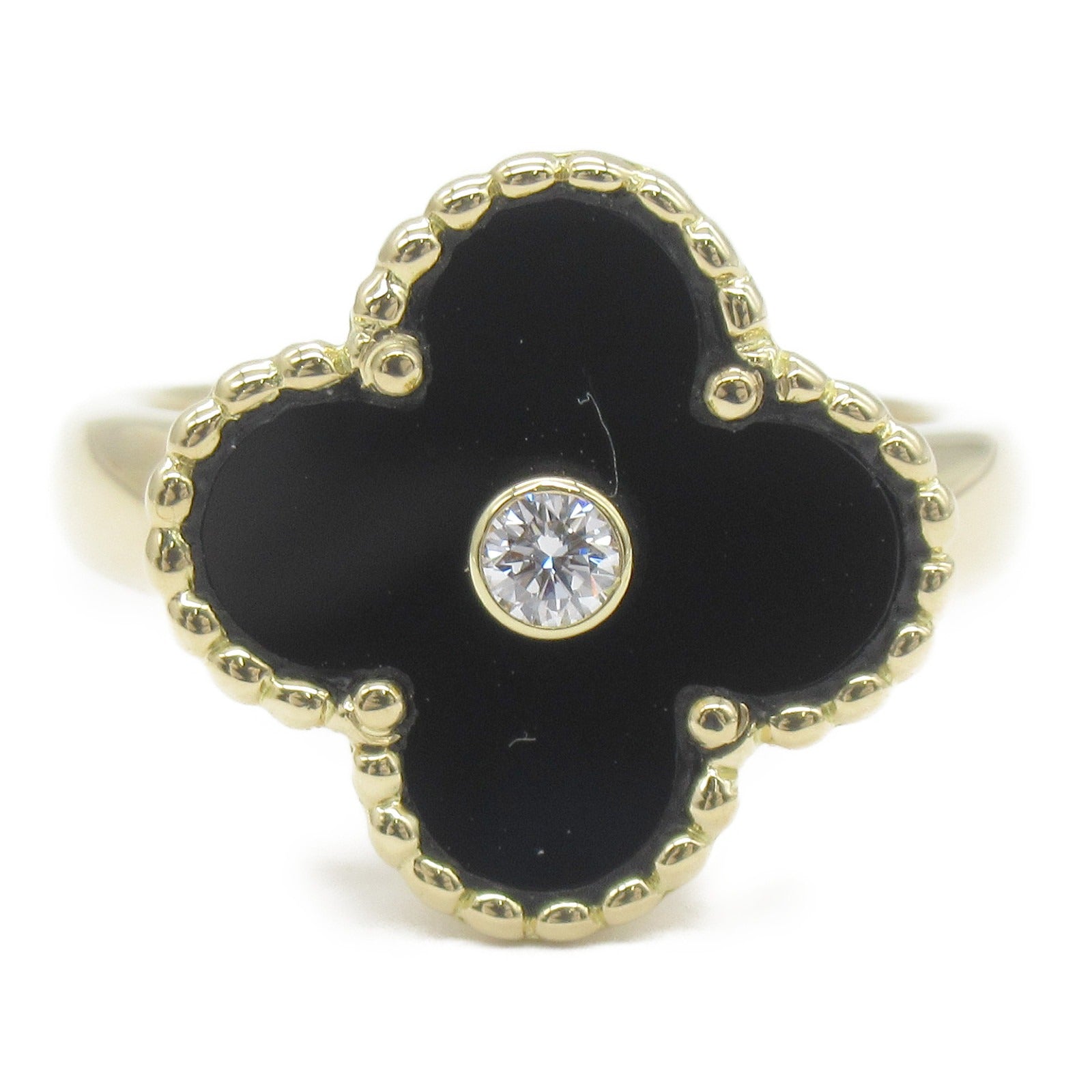 Van Cleef & Arpels Vintage Alhambra Onyx Diamond Ring K18 Yellow Gold