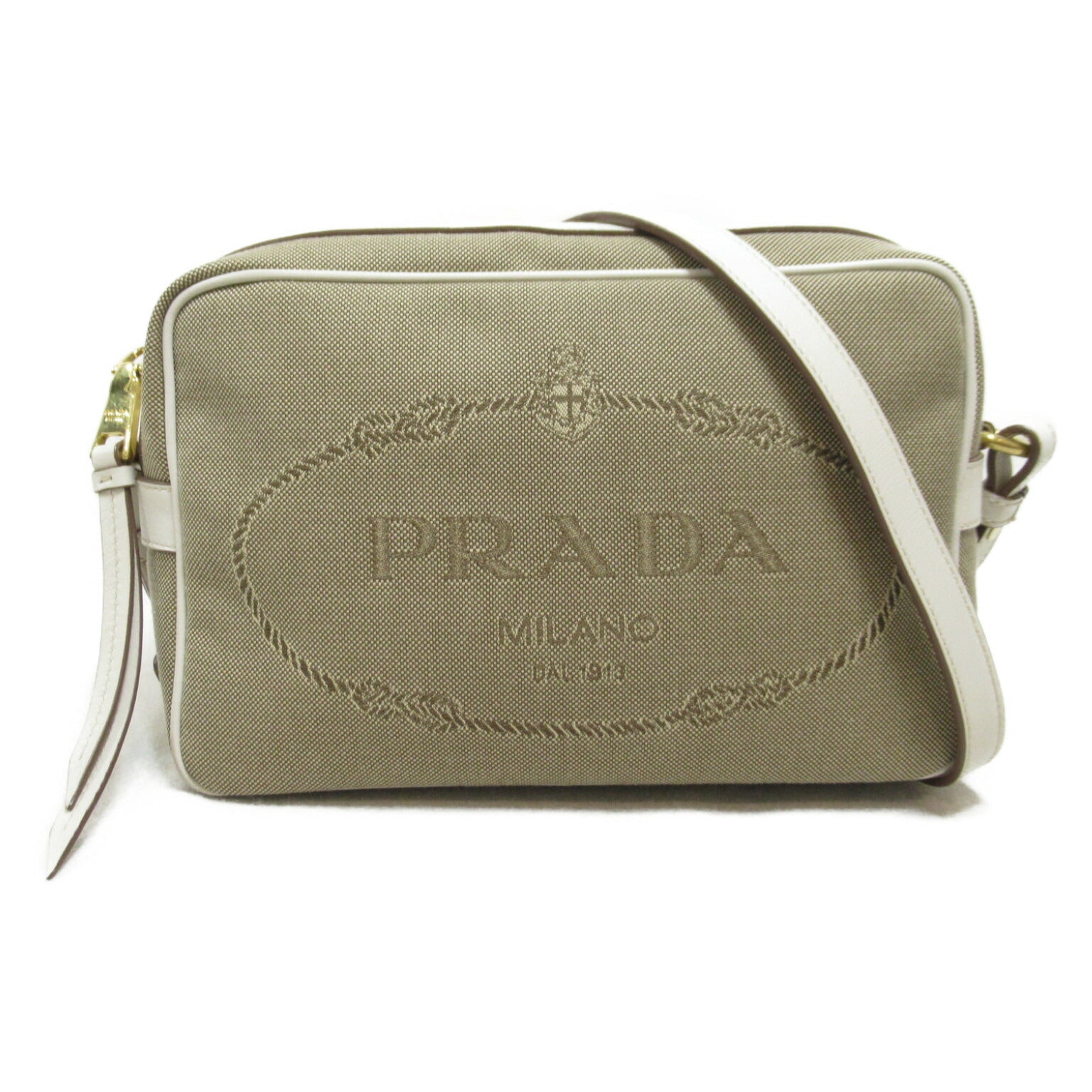 Prada Canvas Leather Shoulder Bag Beige/White