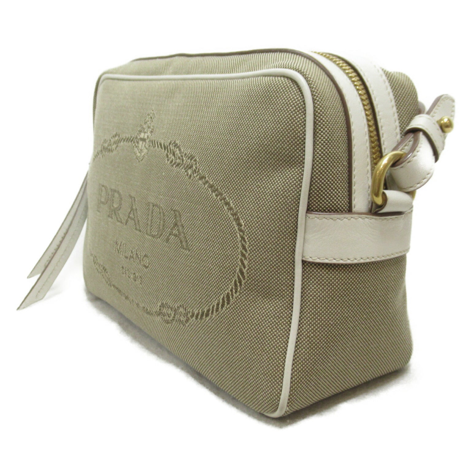 Prada Canvas Leather Shoulder Bag Beige/White