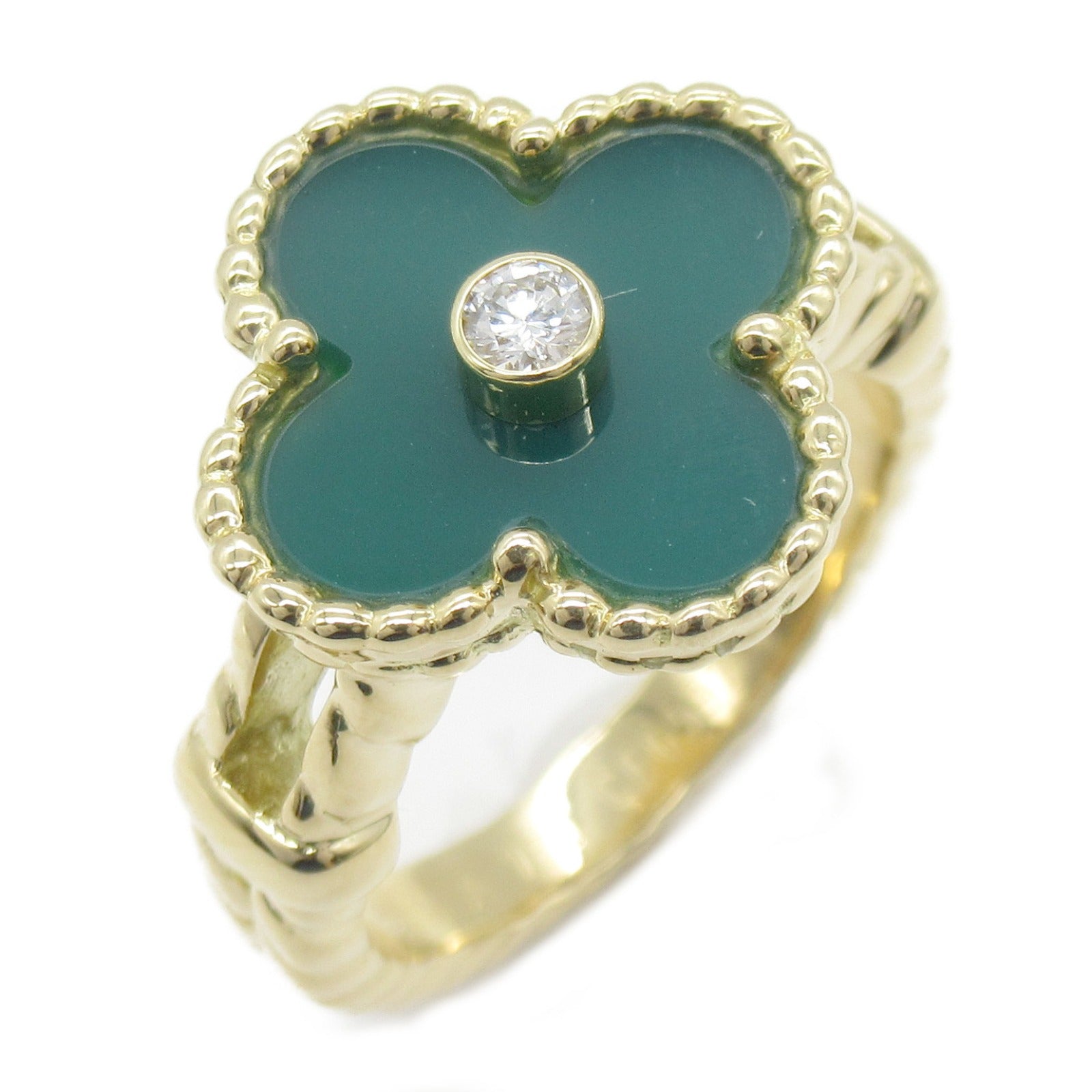 Van Cleef & Arpels Vintage Alhambra Green Chalcedony Diamond Ring K18 Yellow Gold