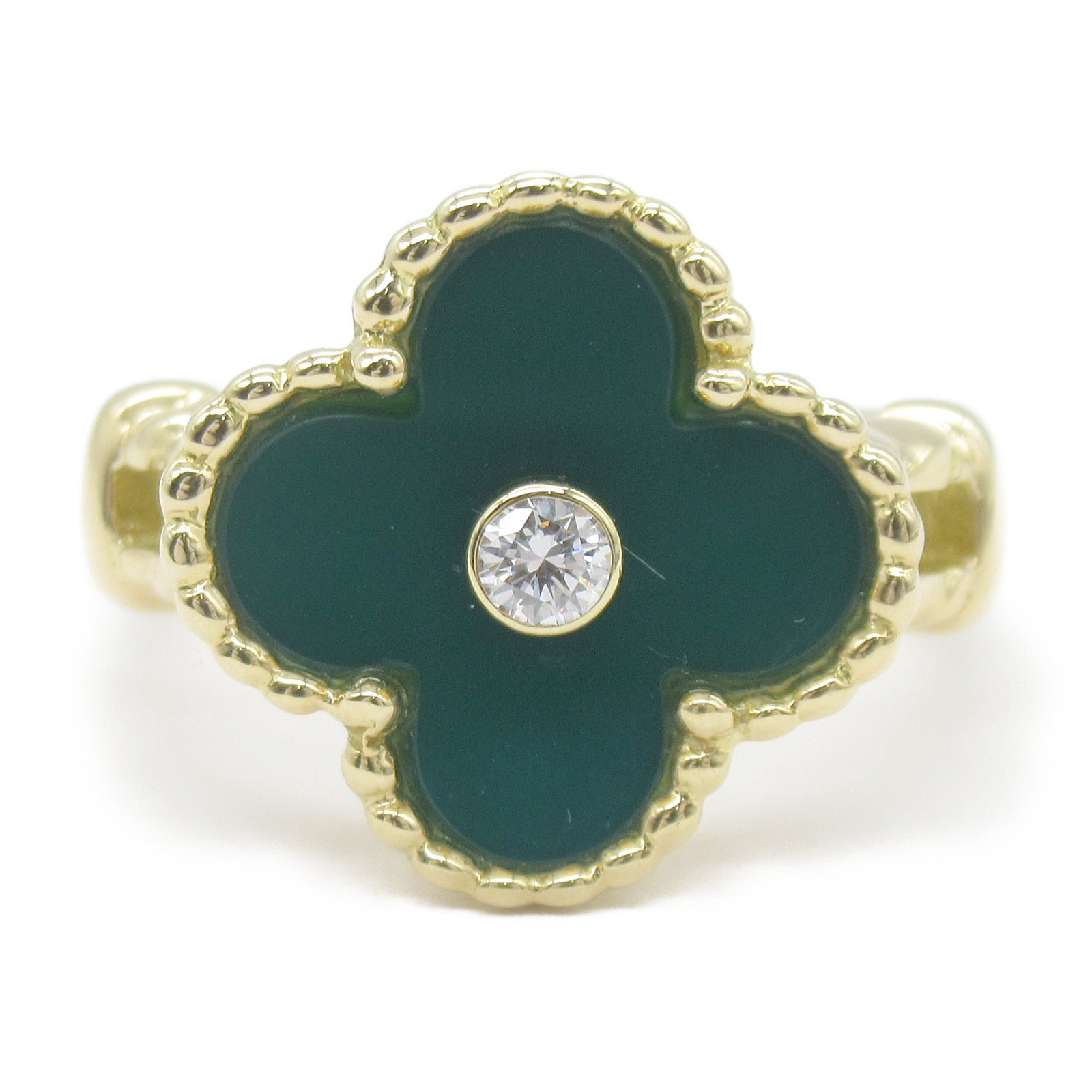 Van Cleef & Arpels Vintage Alhambra Green Chalcedony Diamond Ring K18 Yellow Gold