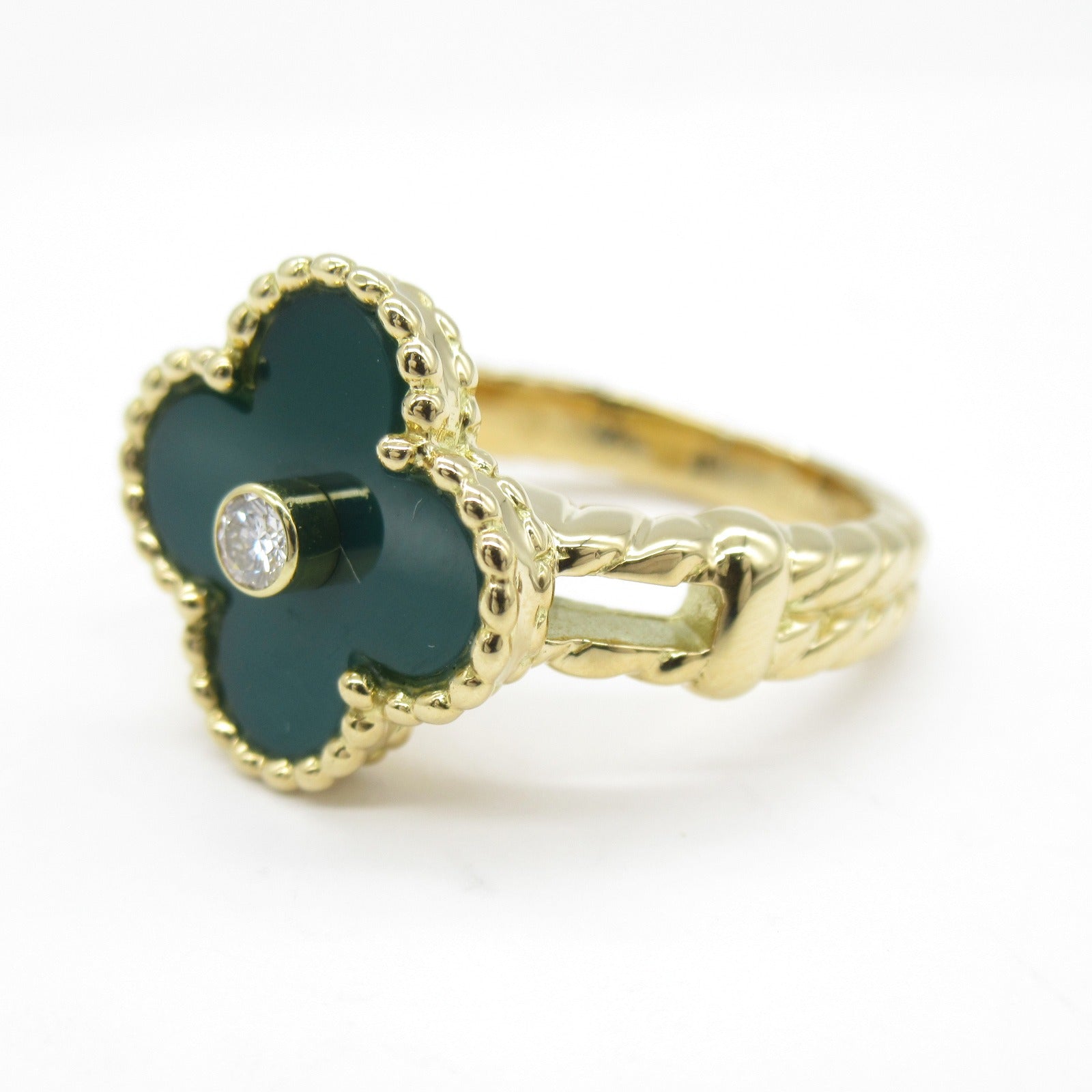 Van Cleef & Arpels Vintage Alhambra Green Chalcedony Diamond Ring K18 Yellow Gold