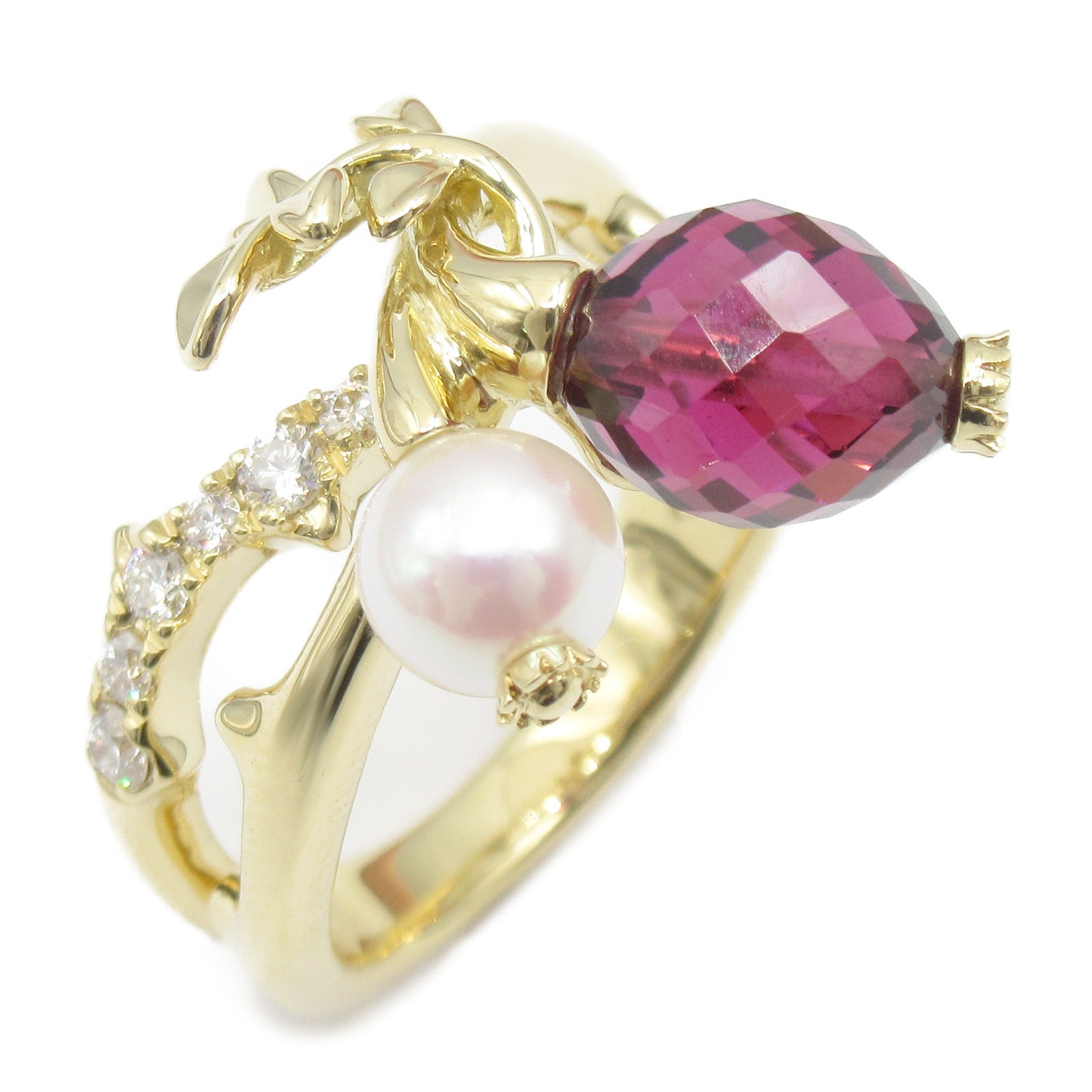 Mikimoto K18 Yellow Gold Pearl Garnet Diamond Ring