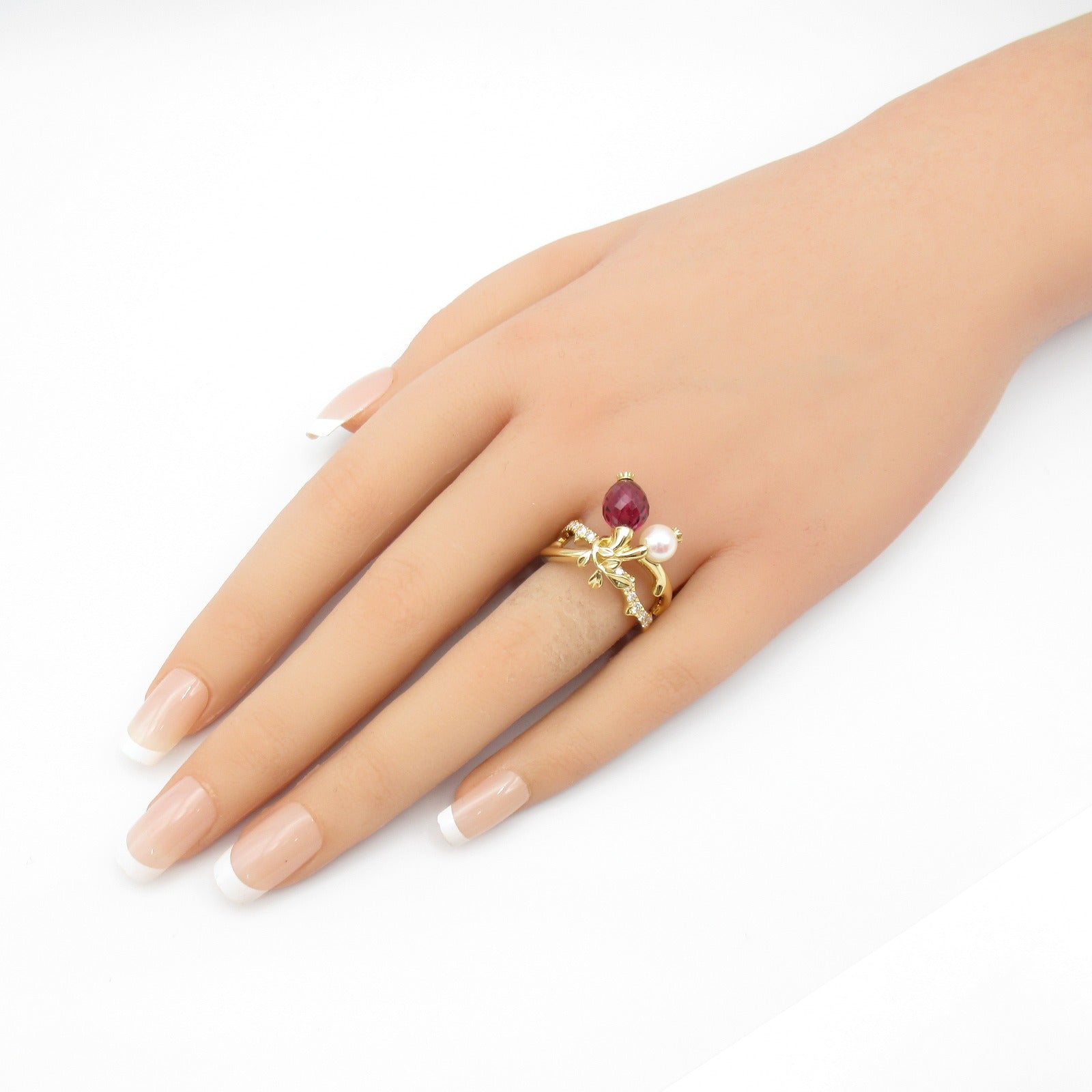 Mikimoto K18 Yellow Gold Pearl Garnet Diamond Ring