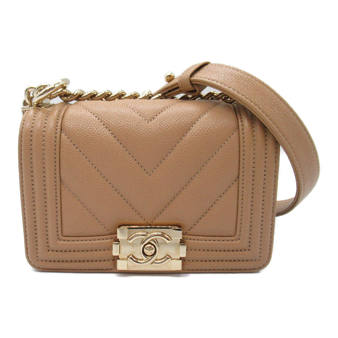 Chanel Boy V-Stitch Caviar Shoulder Bag Beige