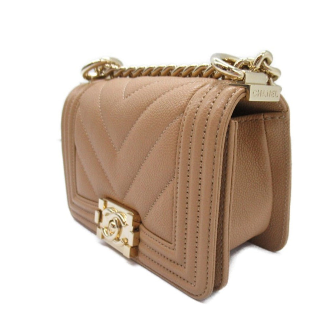 Chanel Boy V-Stitch Caviar Shoulder Bag Beige