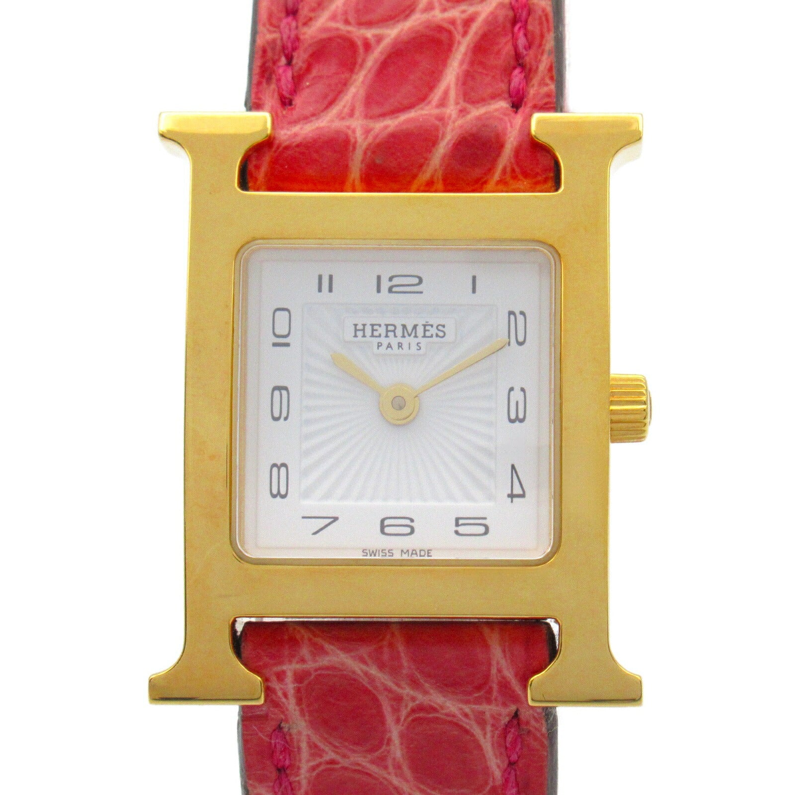 Hermes H Watch Gold Plated Croco Leather Quartz