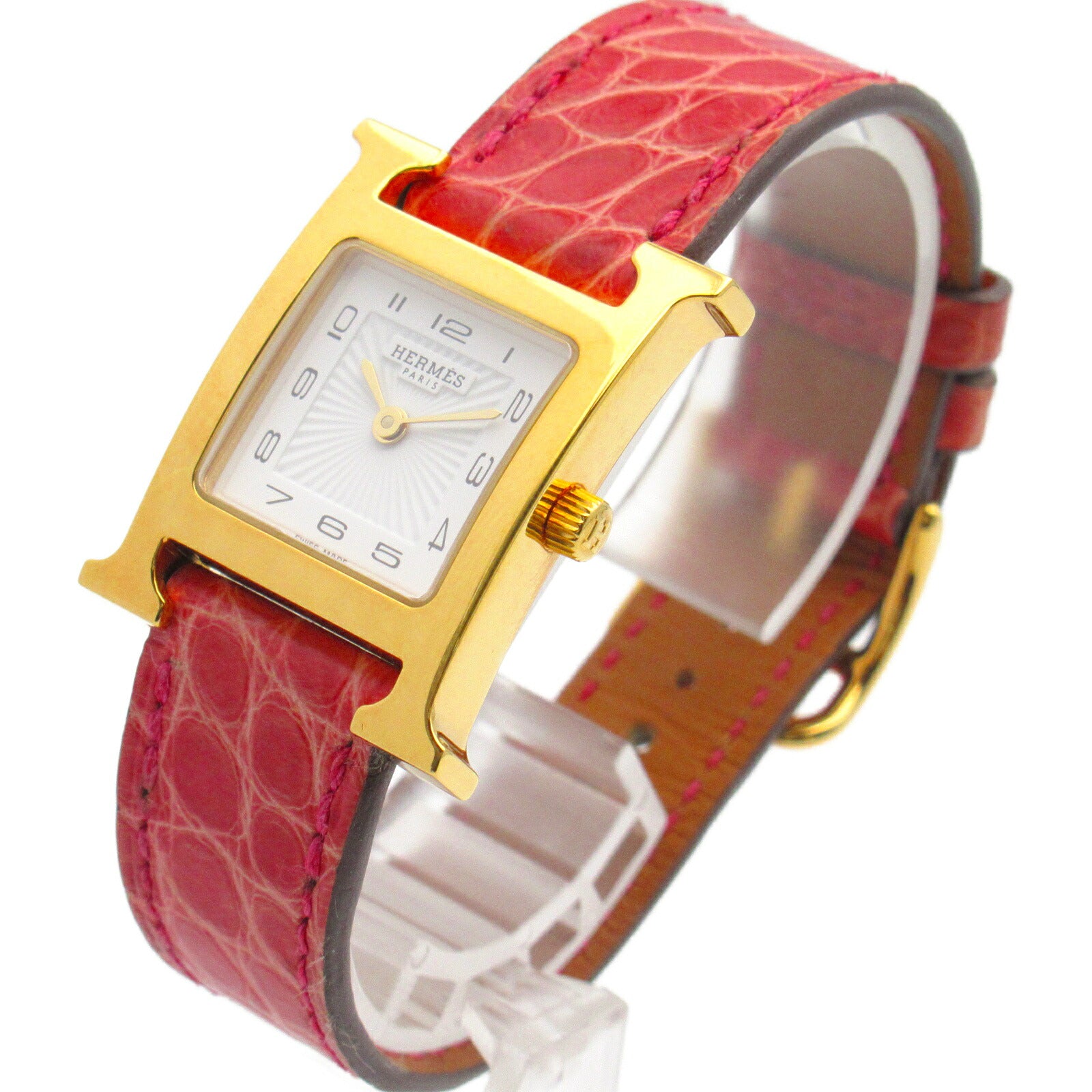 Hermes H Watch Gold Plated Croco Leather Quartz