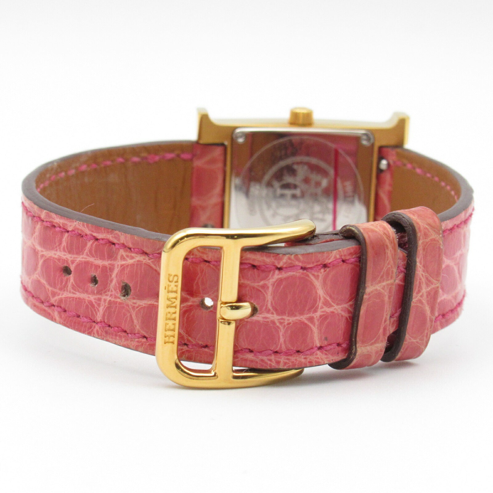 Hermes H Watch Gold Plated Croco Leather Quartz