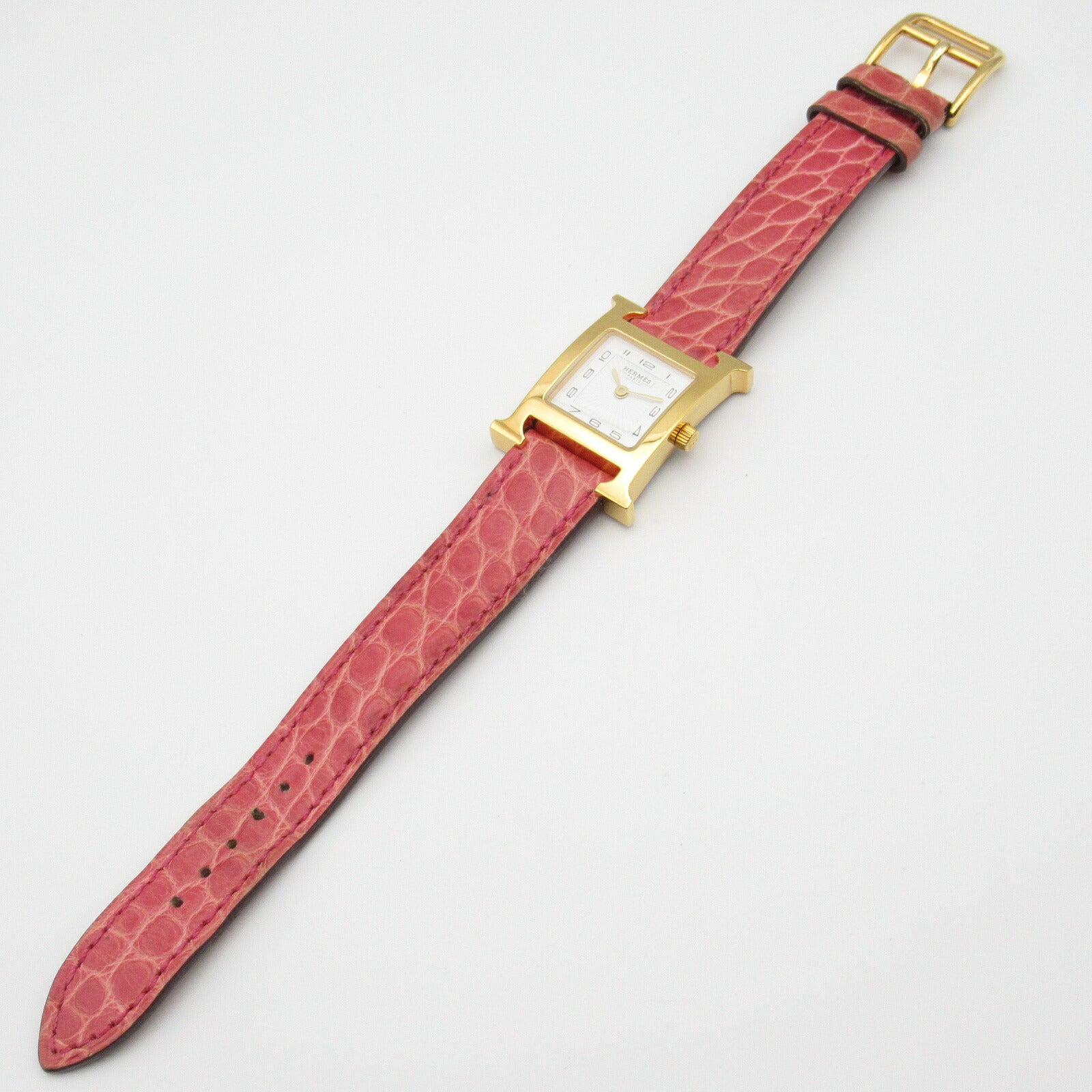 Hermes H Watch Gold Plated Croco Leather Quartz