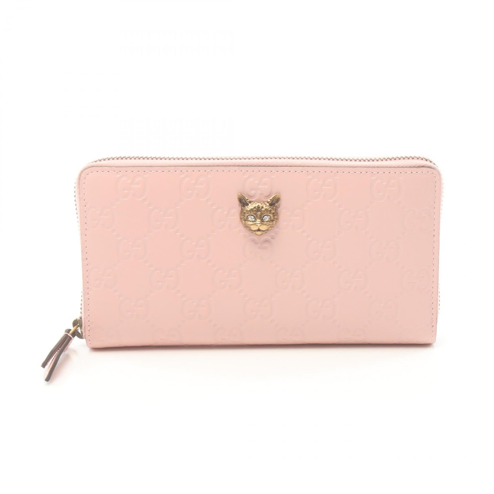 Gucci Linea Cat Leather Round Wallet Pink