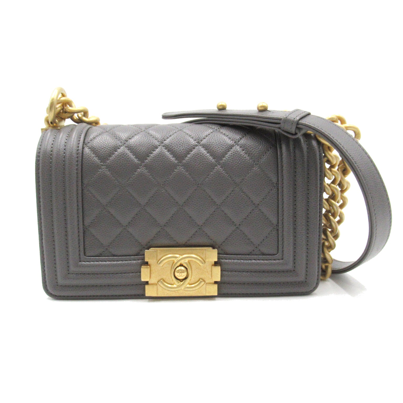 Chanel Boy Caviar Chain Shoulder Bag Gray