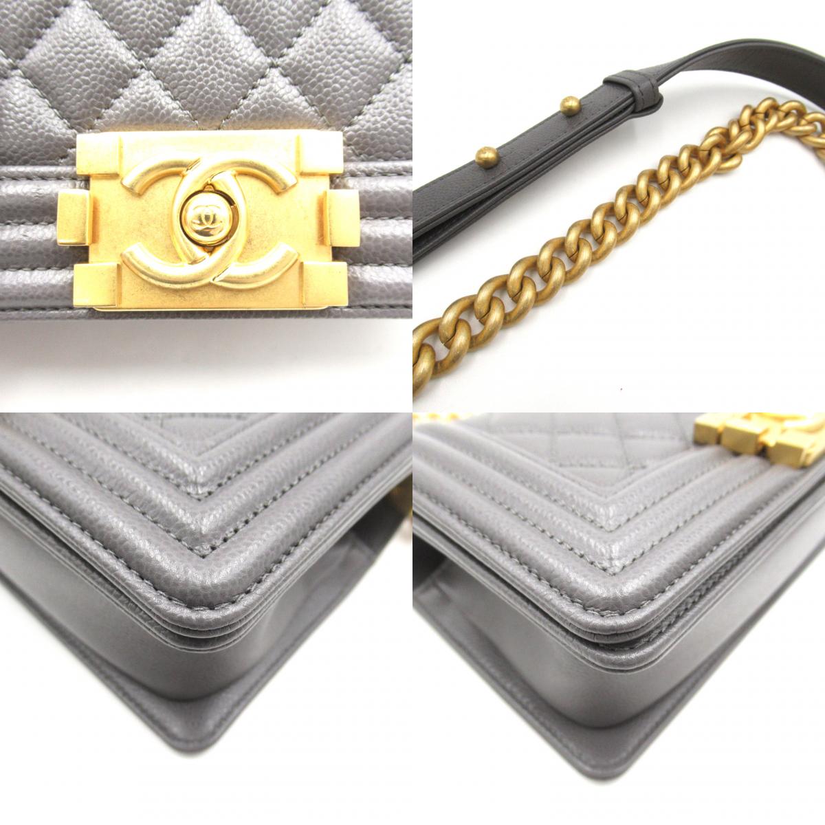 Chanel Boy Caviar Chain Shoulder Bag Gray