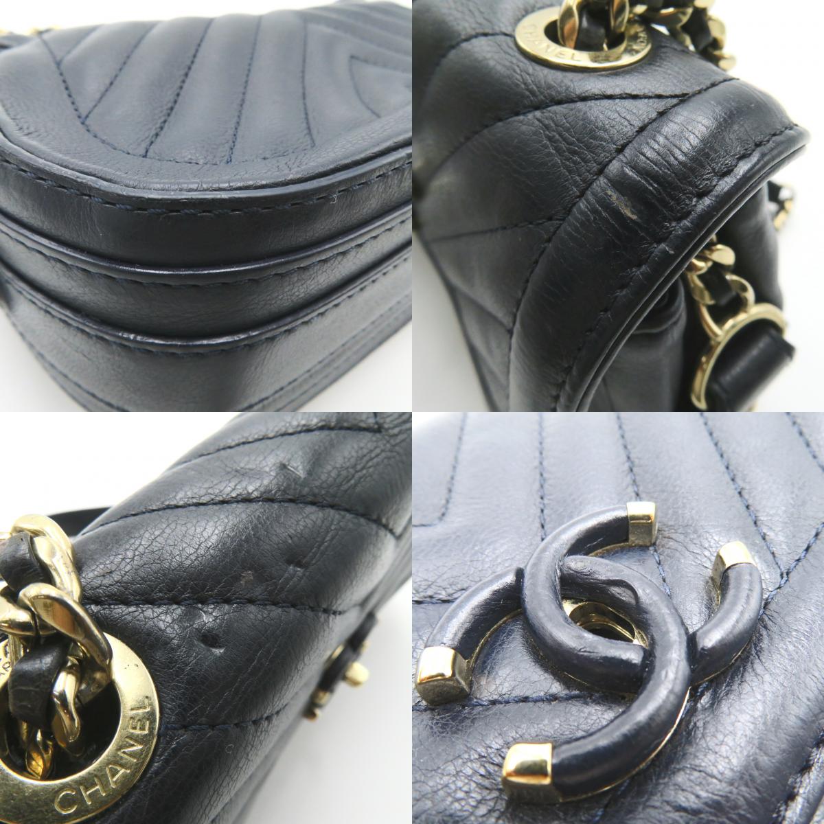 Chanel V-Stitch Chain Shoulder Bag Navy Leather