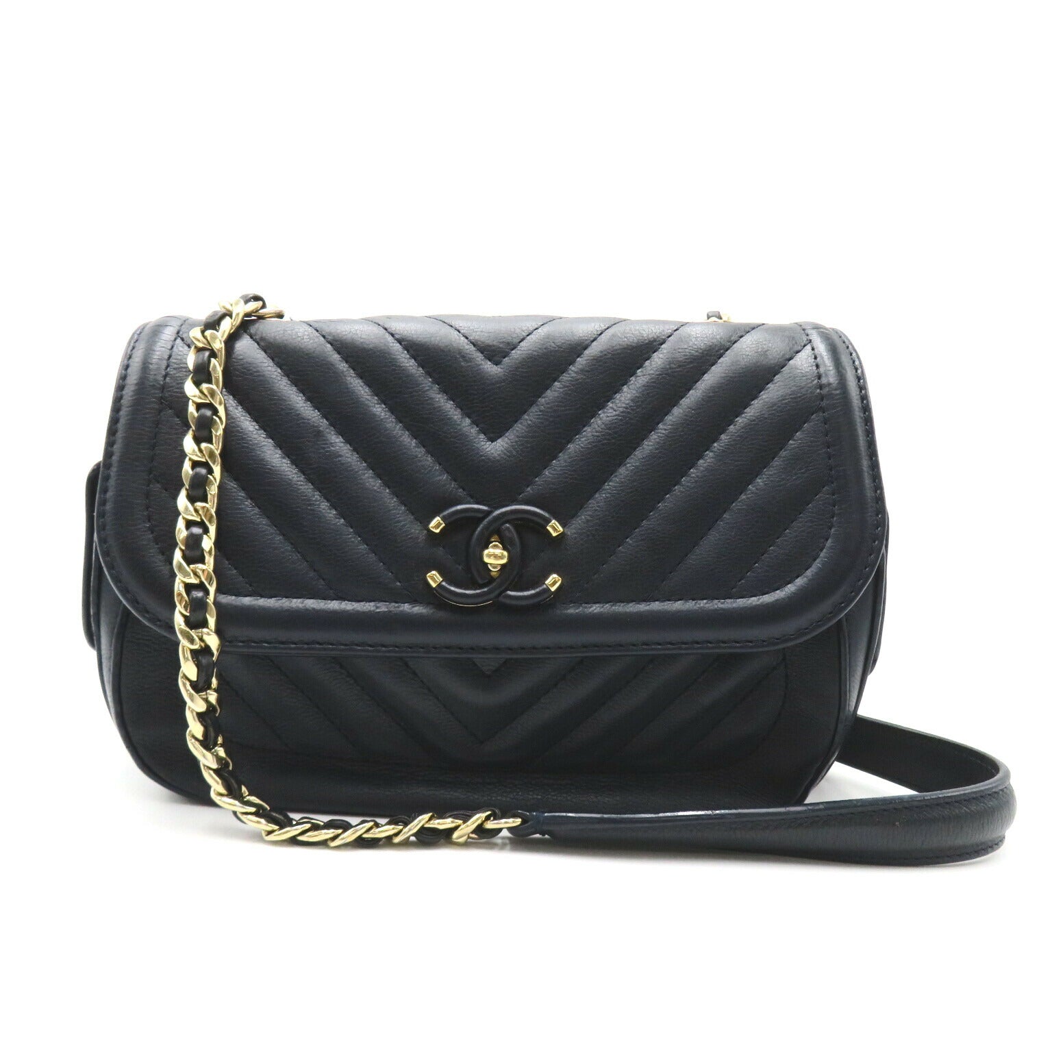 Chanel V-Stitch Chain Shoulder Bag Navy Leather