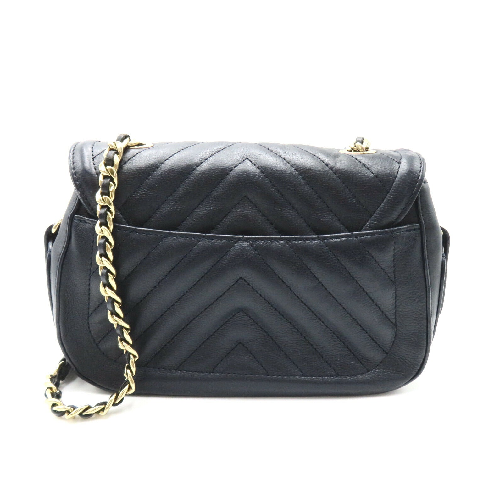 Chanel V-Stitch Chain Shoulder Bag Navy Leather