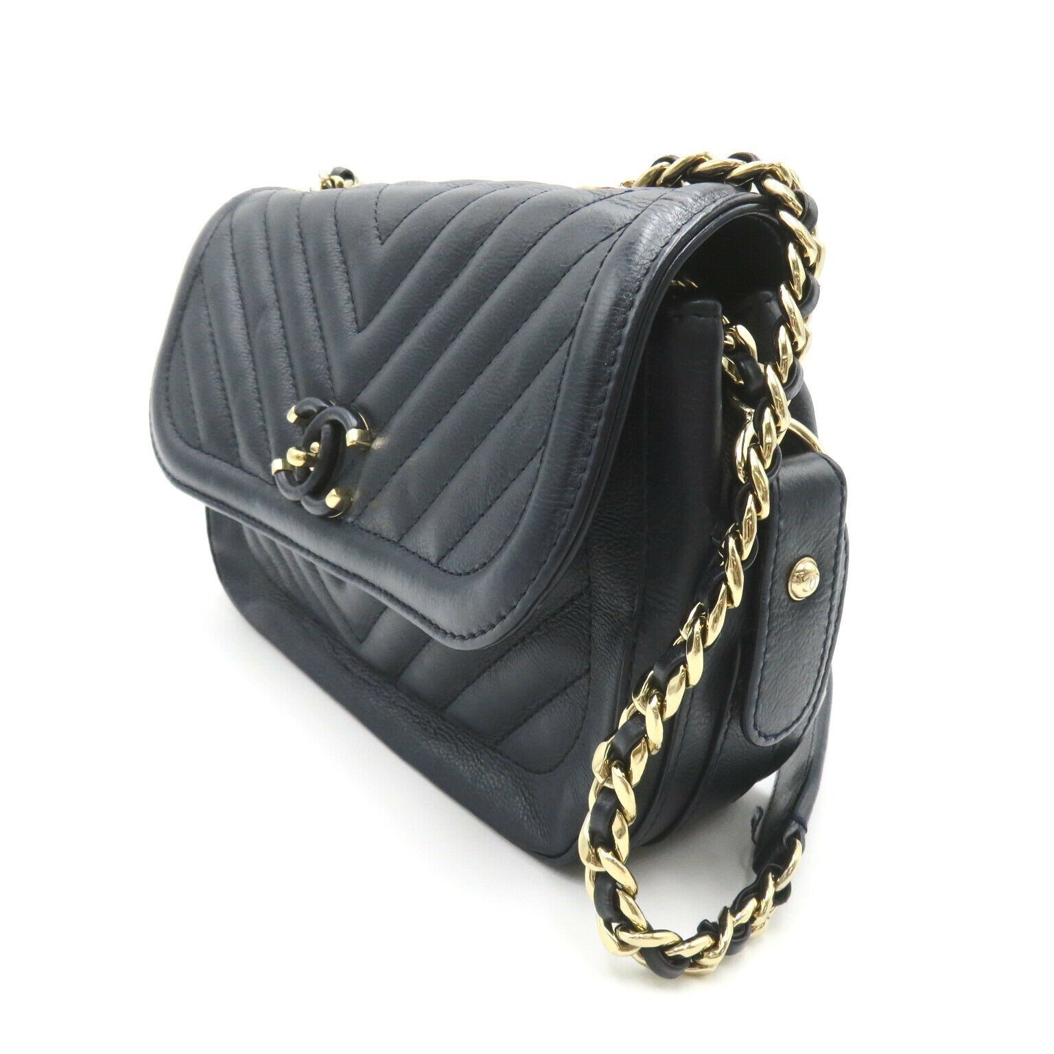 Chanel V-Stitch Chain Shoulder Bag Navy Leather