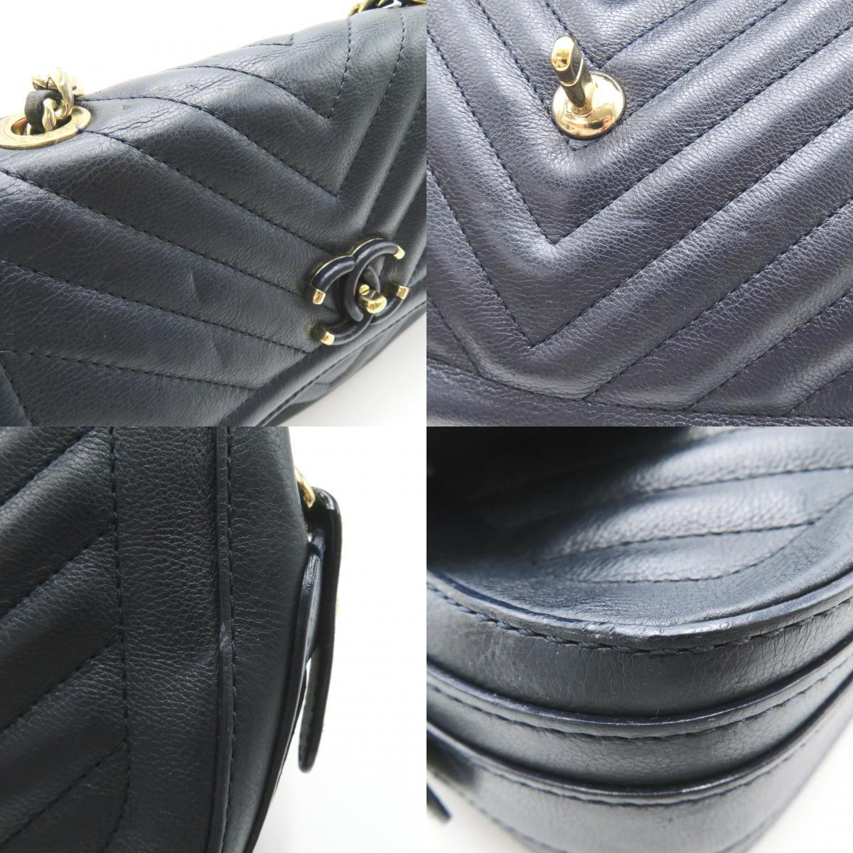 Chanel V-Stitch Chain Shoulder Bag Navy Leather