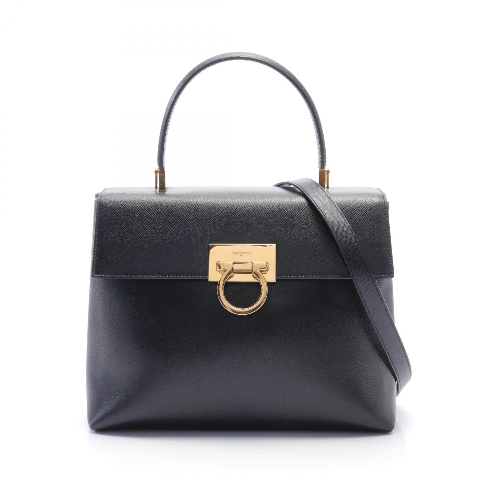 Salvatore Ferragamo Leather Gancini Handbag Black