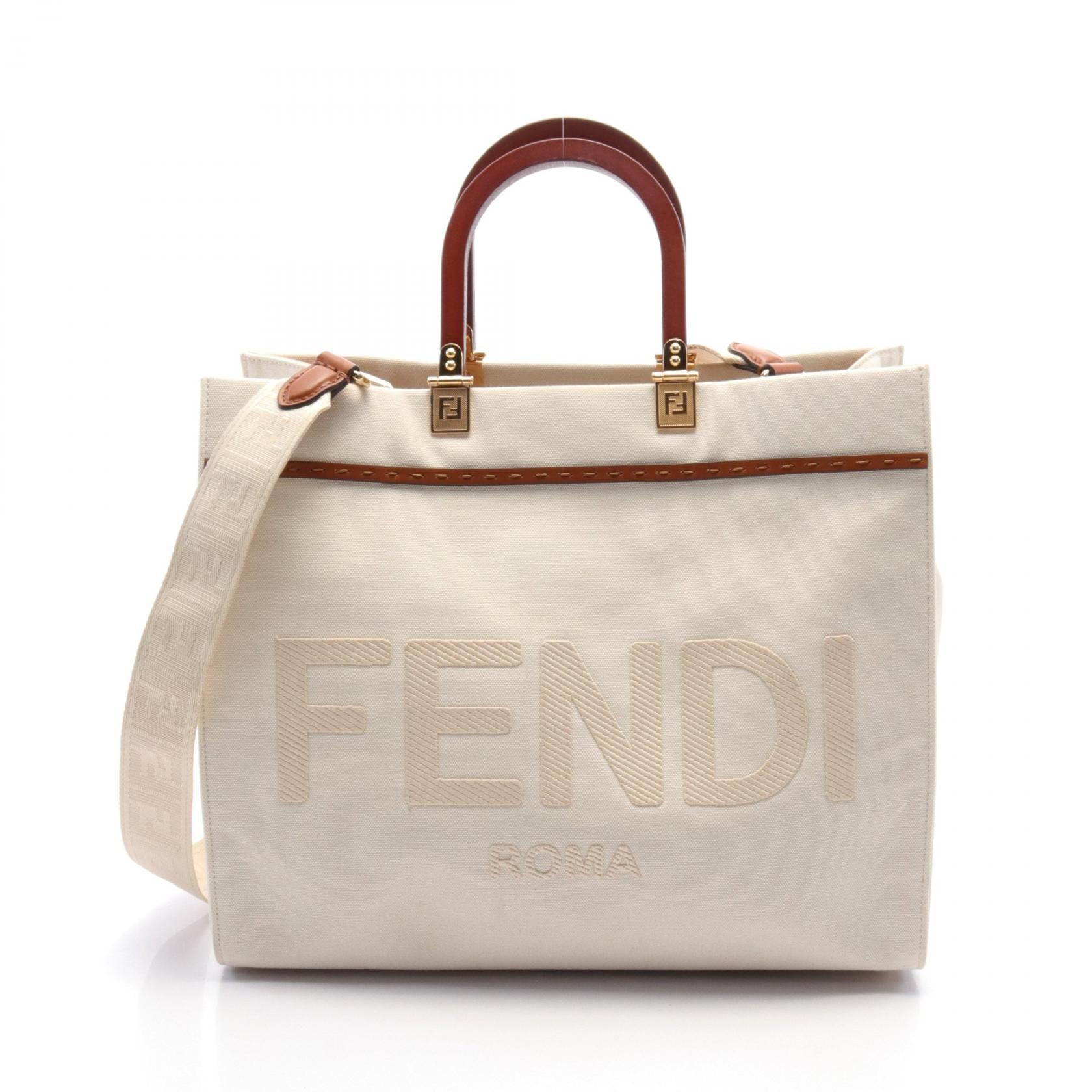 Fendi Sunshine Medium Canvas Leather Tote Bag