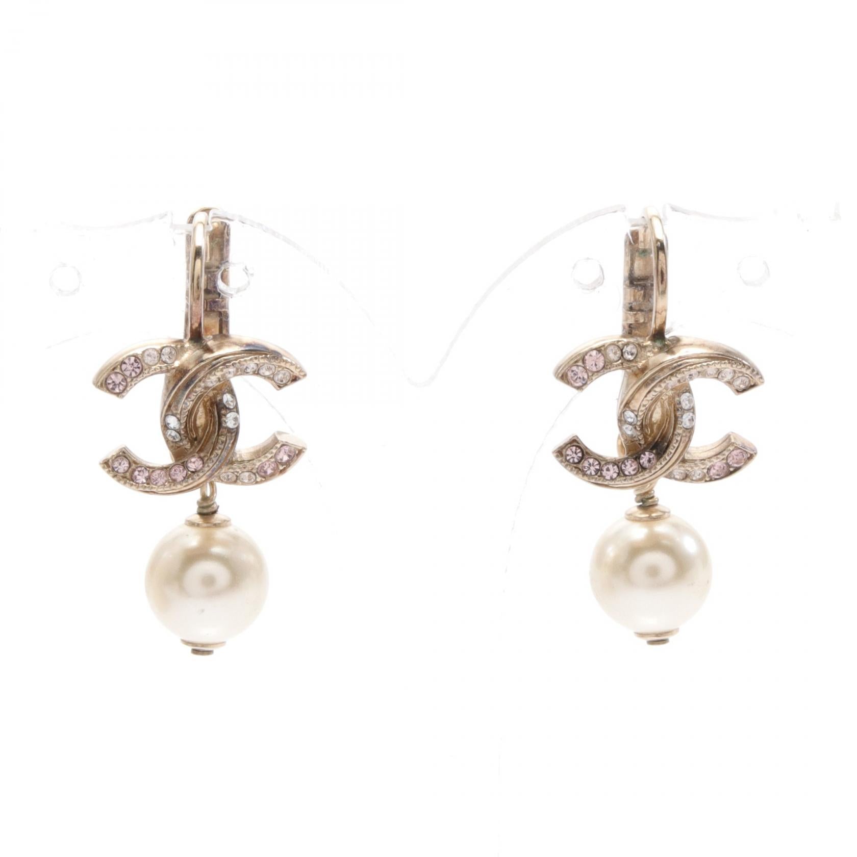 Chanel CC Rhinestones Pearl Drop Earrings Metal Earrings in Very Good Condition