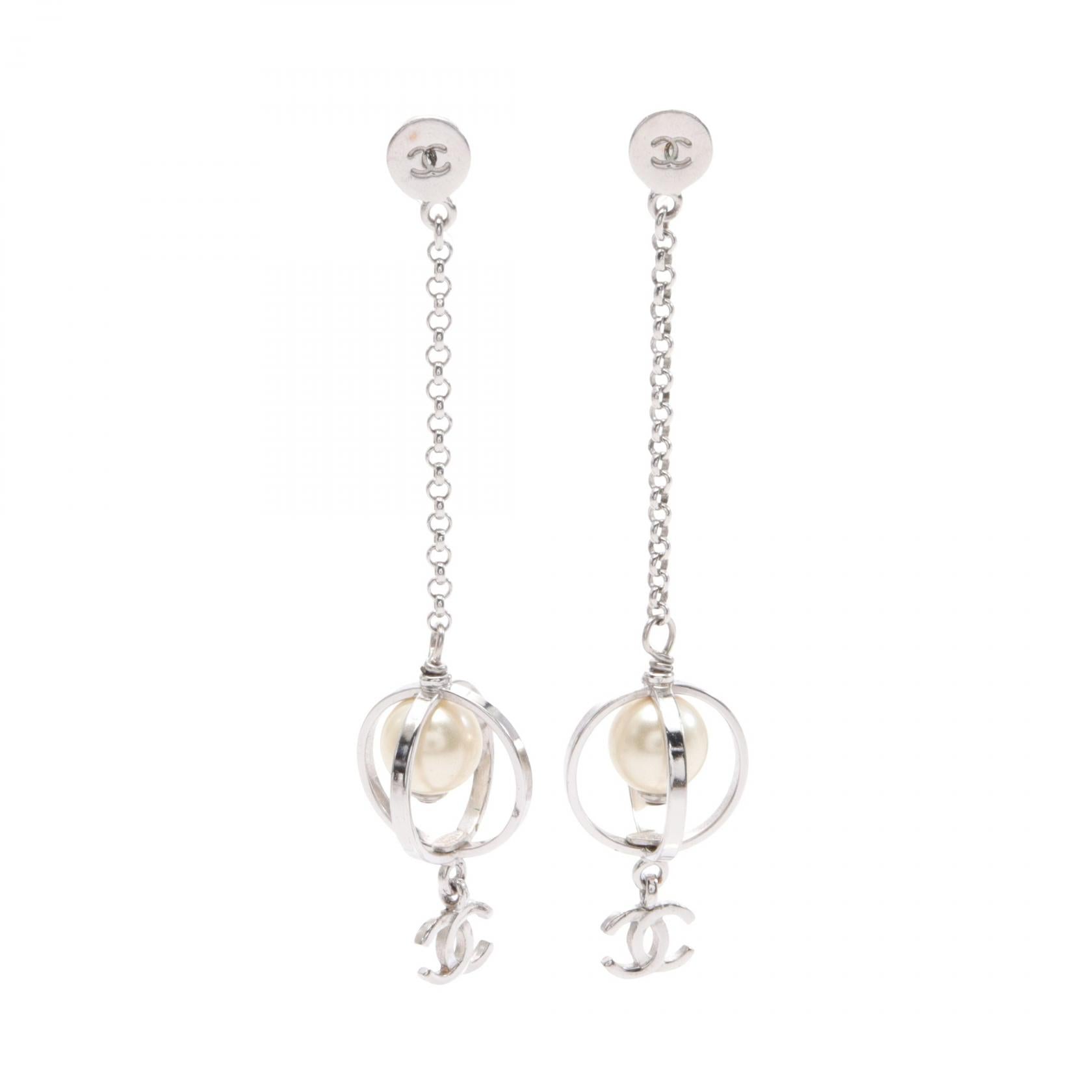 Chanel CC Faux Pearl Drop Earrings  Metal Earrings in Great Condition