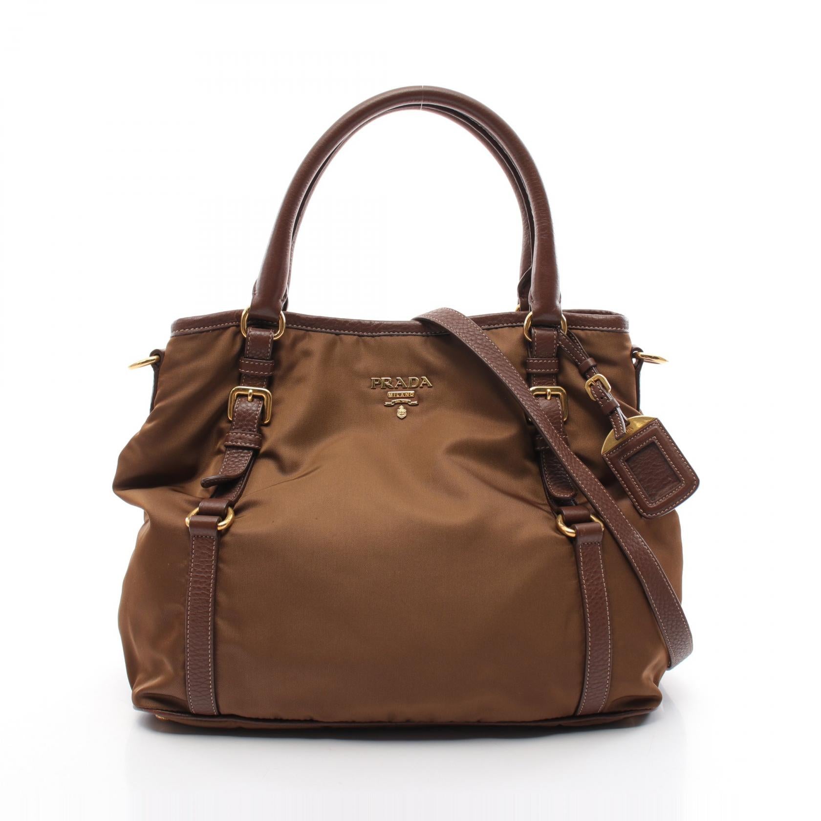 Prada Nylon Leather Handbag Brown