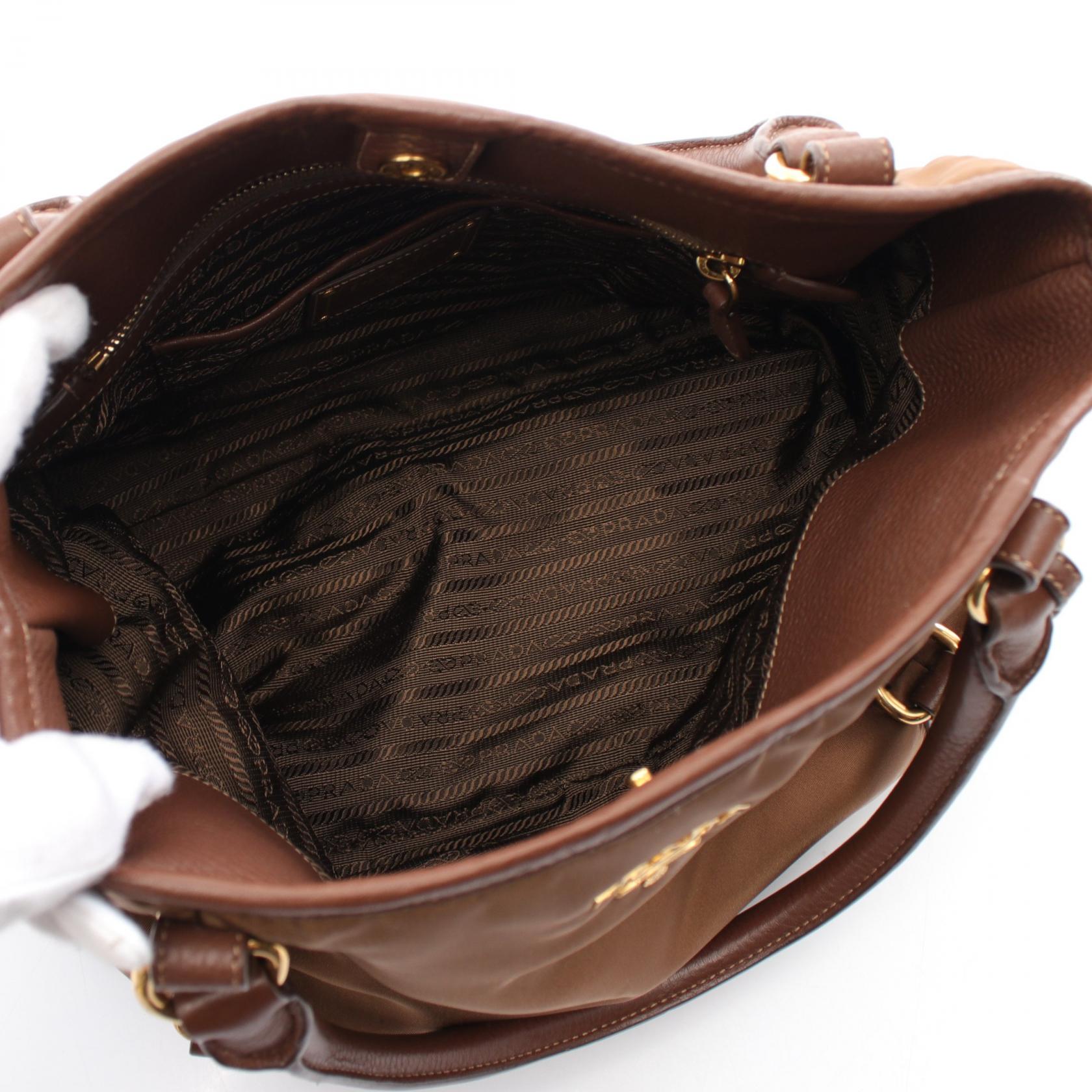 Prada Nylon Leather Handbag Brown