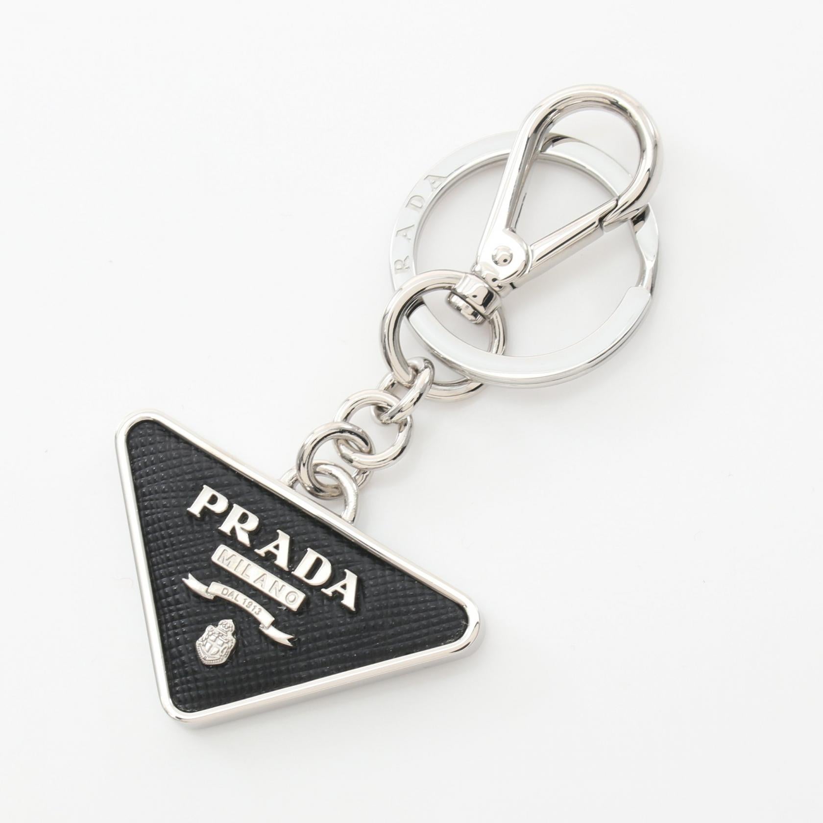 Prada Saffiano Leather Metal Triangle Logo Keychain