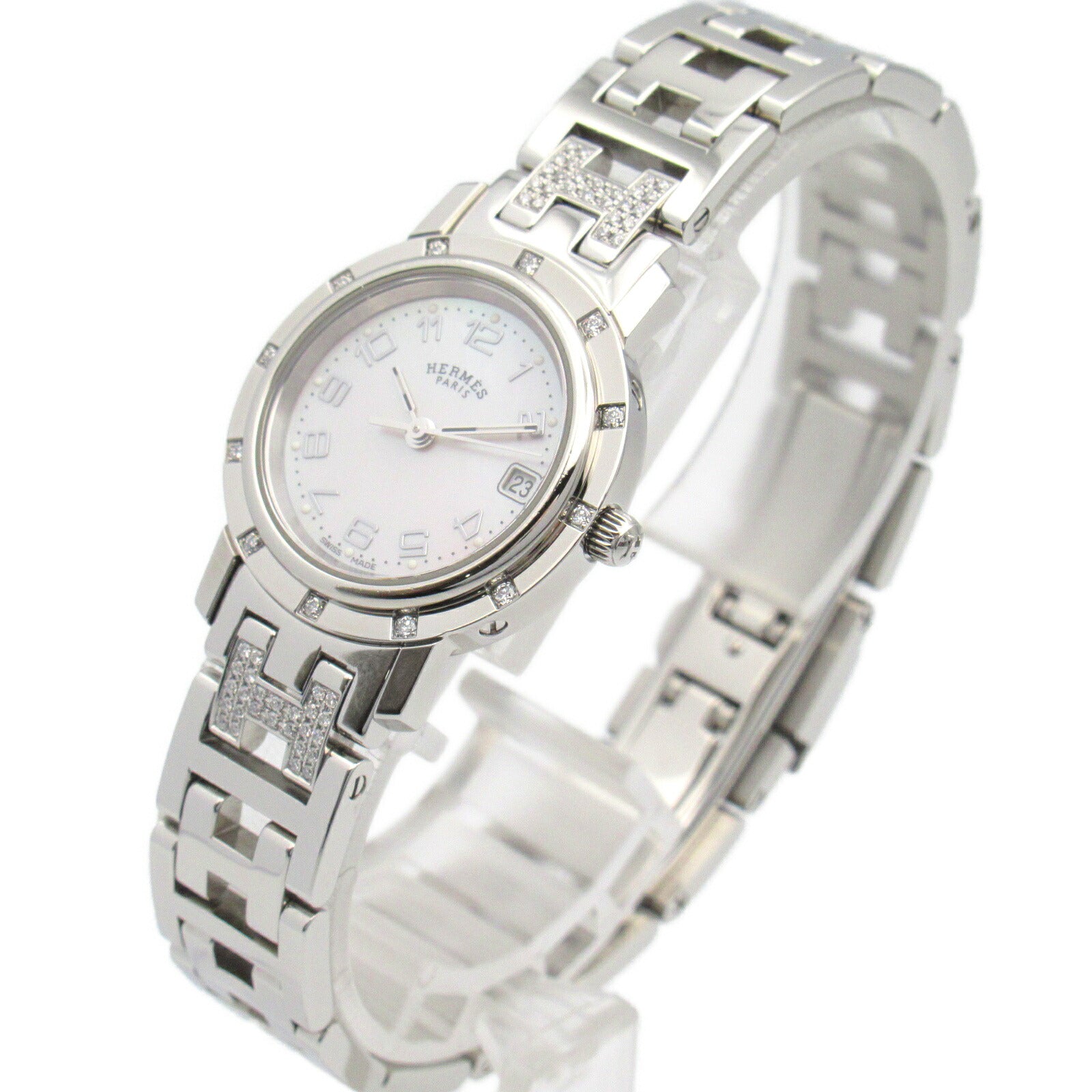 Hermes Clipper Nacre Diamond Quartz Watch