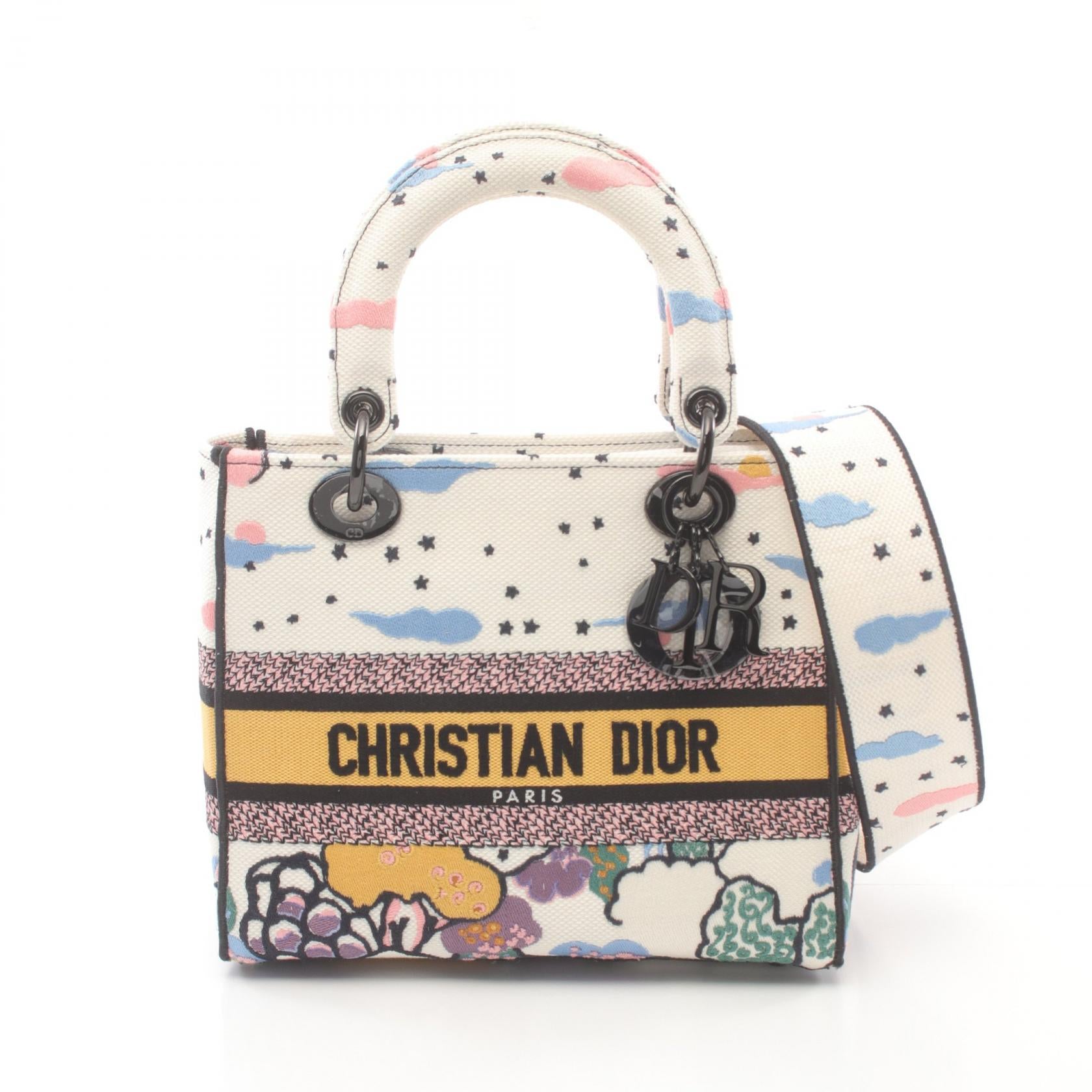 Dior Lady Dior Canvas Handbag White Multicolor