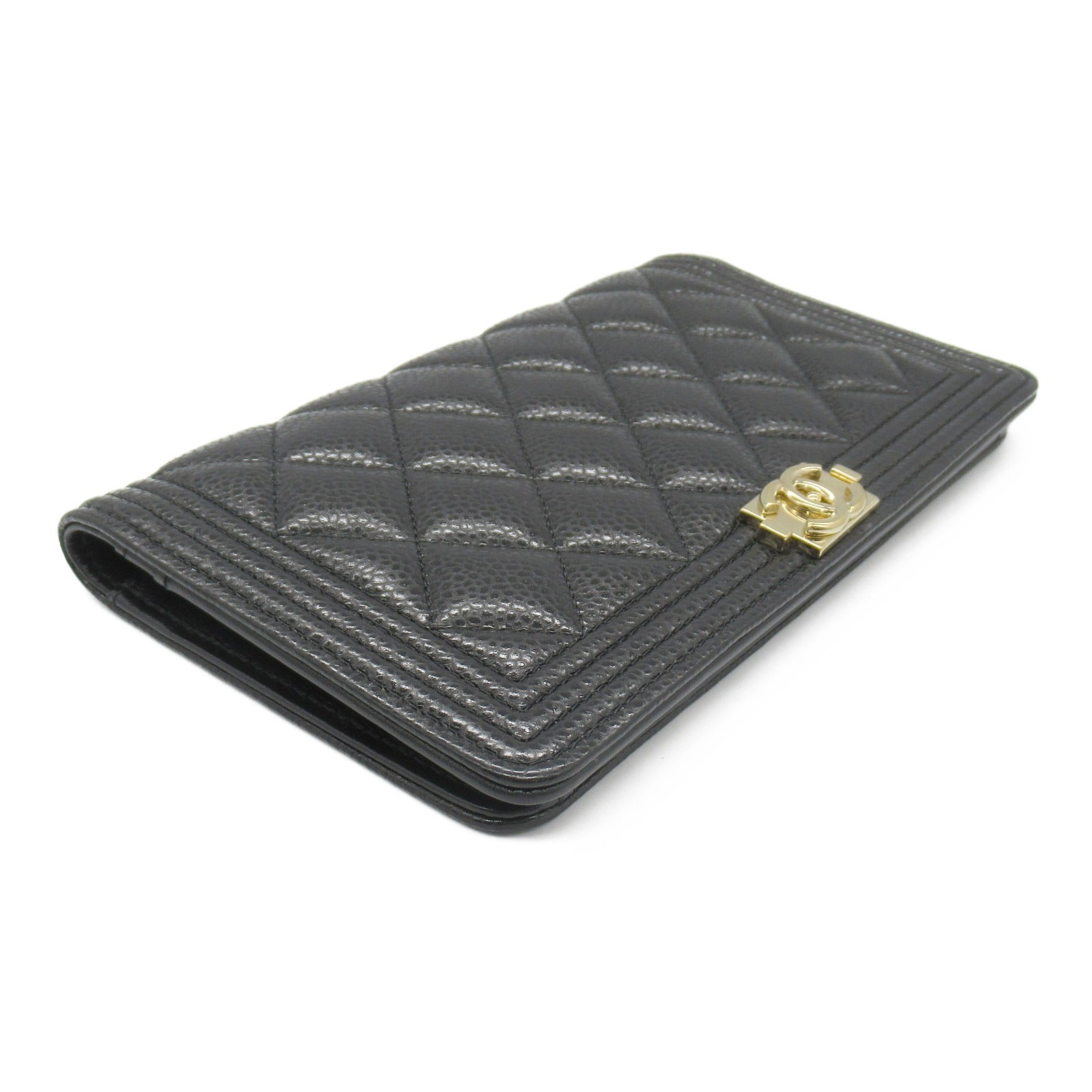 Chanel Boy Zip Long Wallet Leather Black