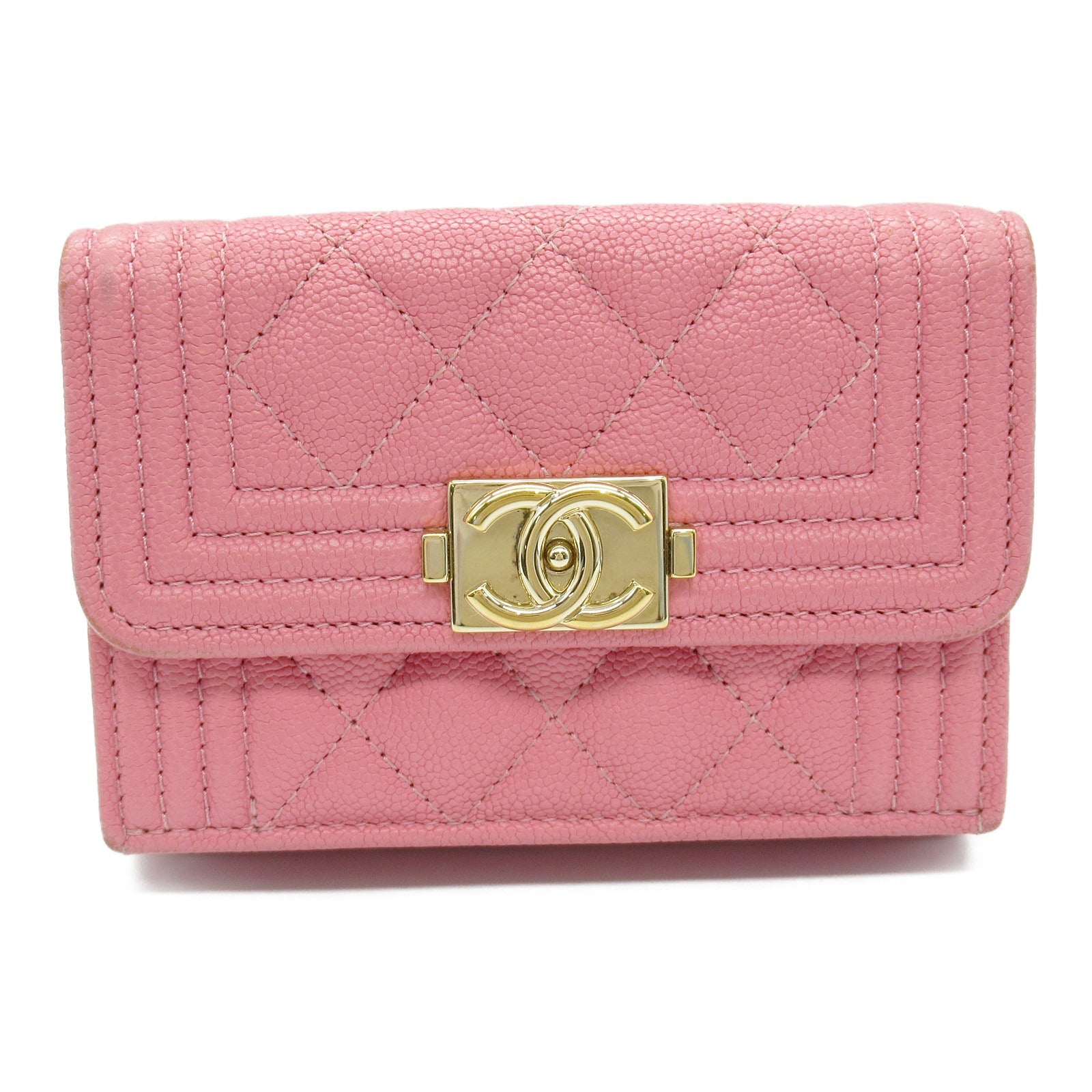 Chanel Boy Tri-Fold Wallet Leather Pink