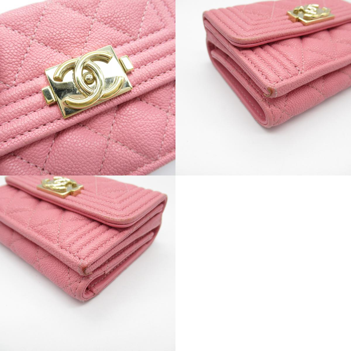 Chanel Boy Tri-Fold Wallet Leather Pink