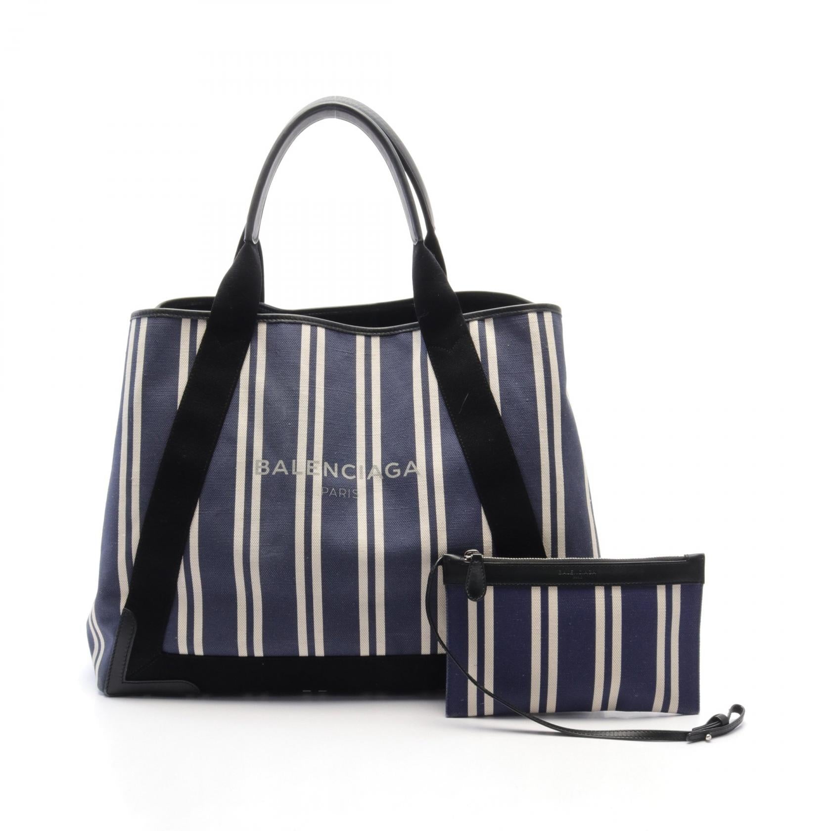 Balenciaga Navy Cabas M Canvas Leather Tote