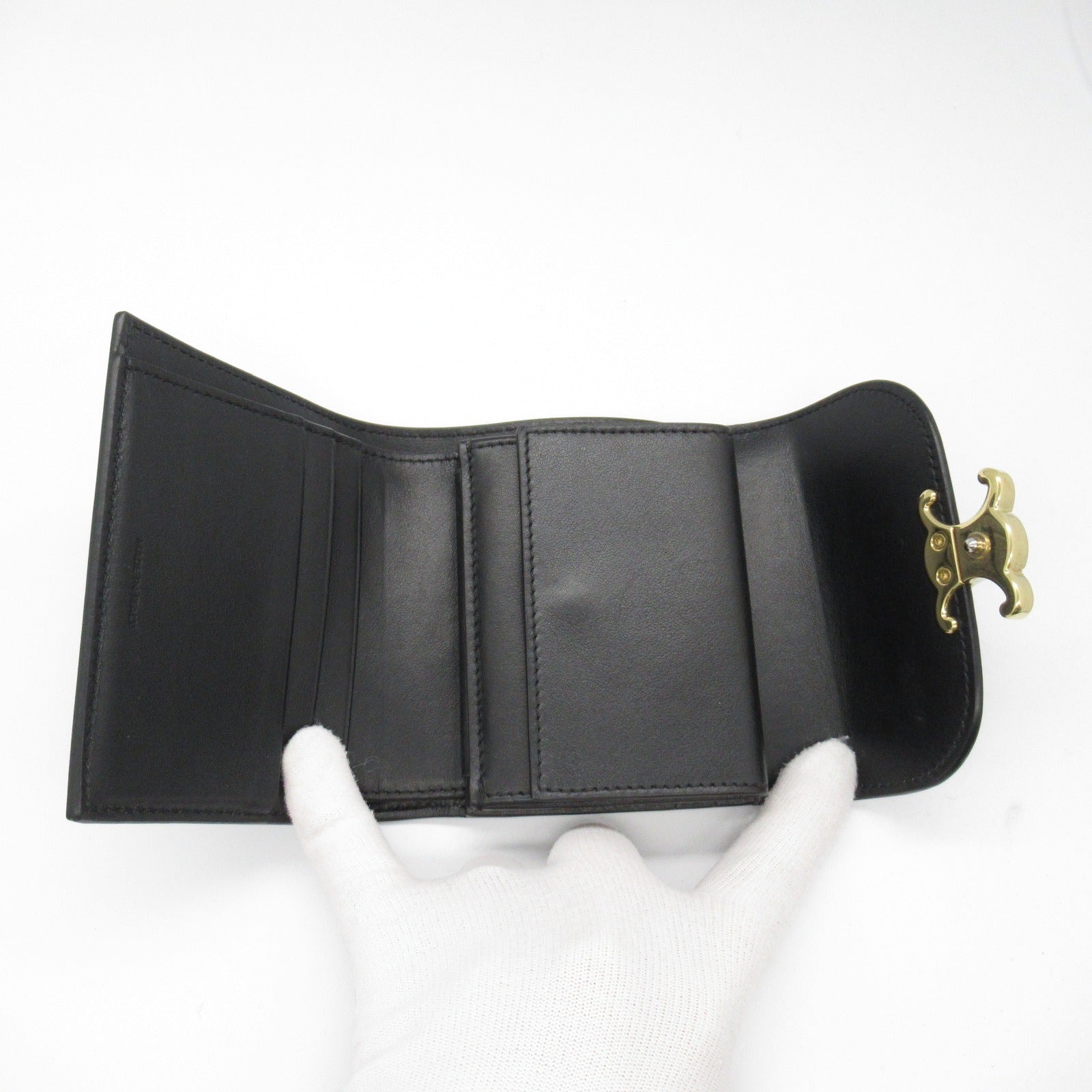 Celine Leather Triomphe Trifold Wallet Black