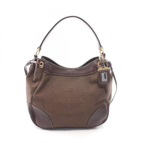 PRADA LOGO JACQUARD Canvas Leather Shoulder Bag