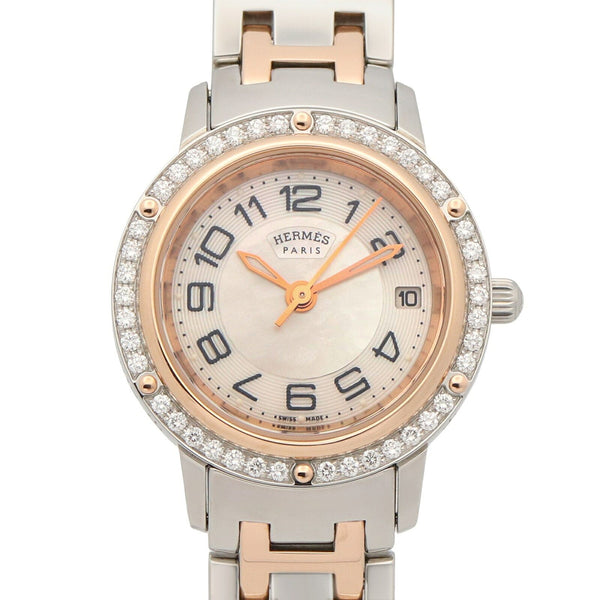 HERMES CLIPPER Nacre Diamond Bezel Stainless Steel Watch