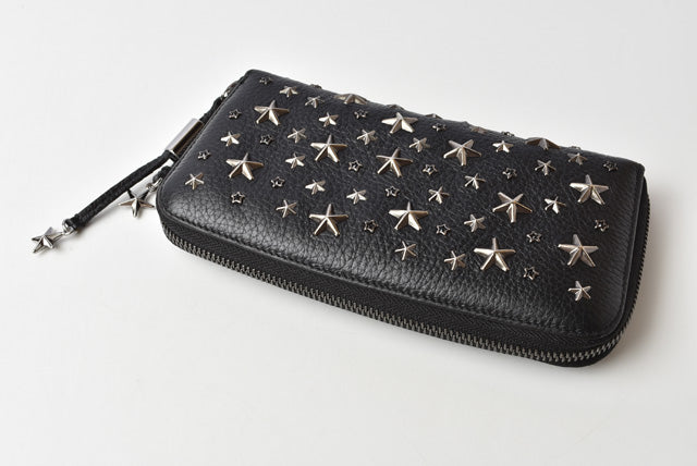 Jimmy Choo Leather Wallet with Crystal Star Studs, Black/Gunmetal