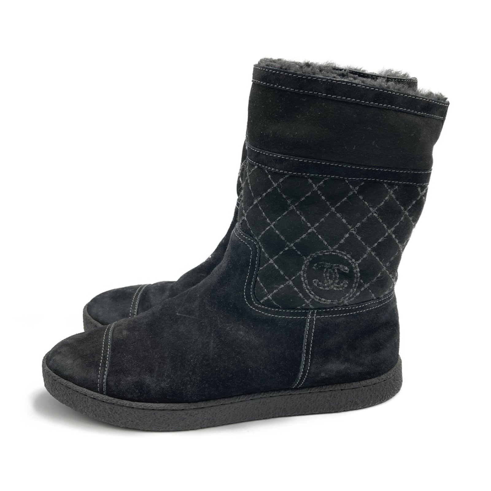 Chanel Suede Sheepskin Boots Black