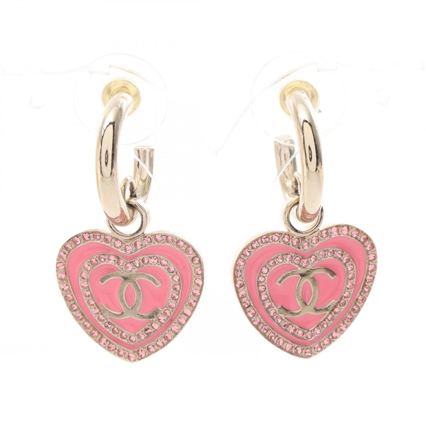 Chanel Coco Mark Heart Earrings Gold Plated Rhinestone