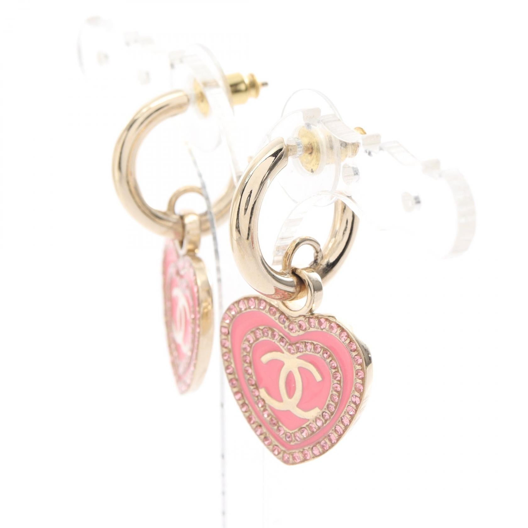 Chanel Coco Mark Heart Earrings Gold Plated Rhinestone